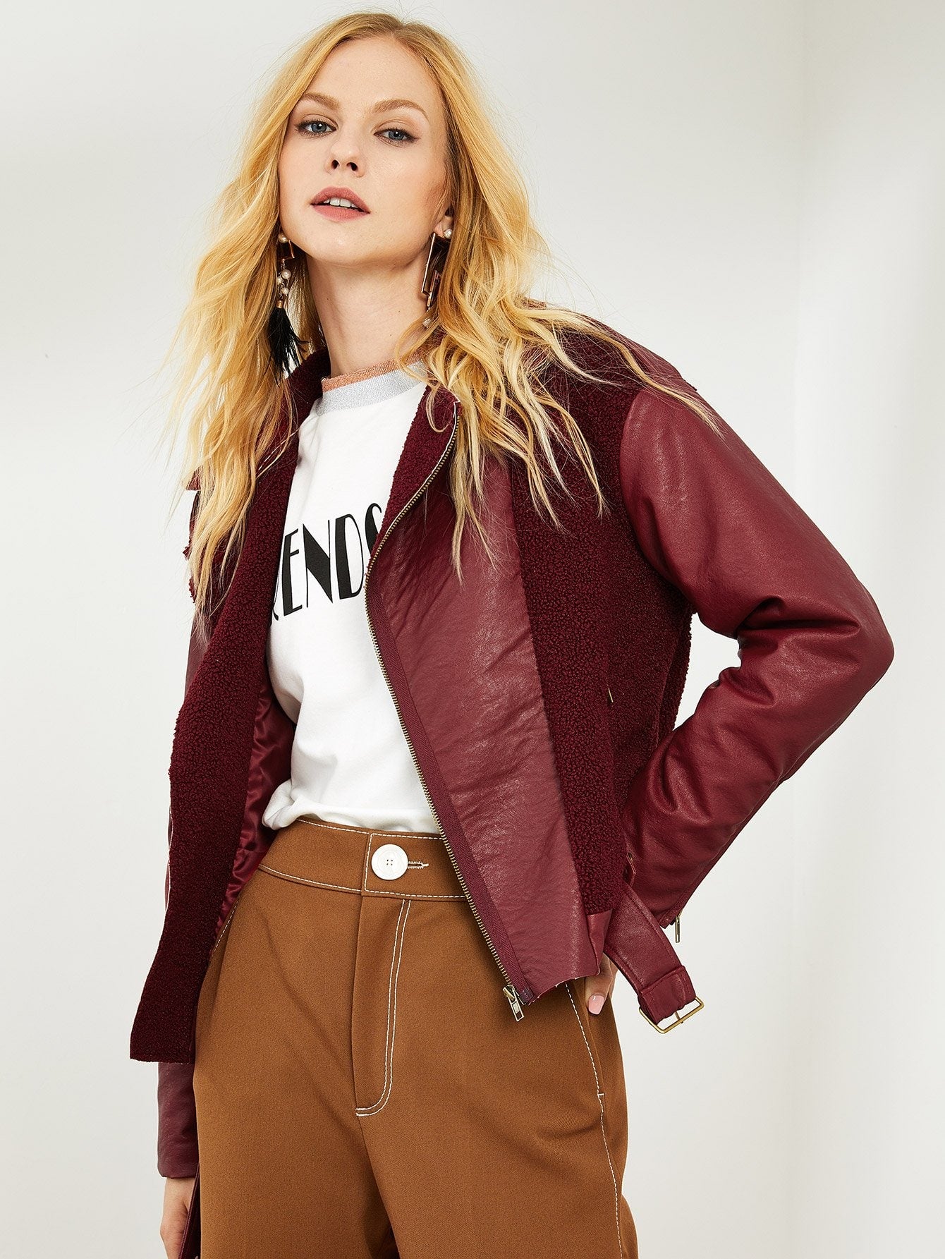 Asymmetric Zip Placket Belted Faux Shearling Jacket