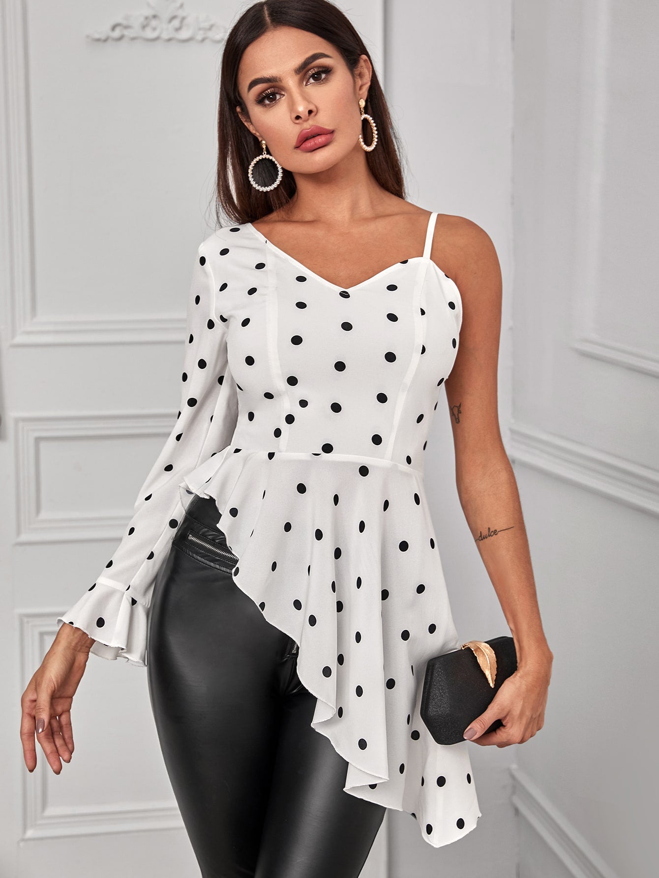 Asymmetrical Detail Polka Dot Blouse