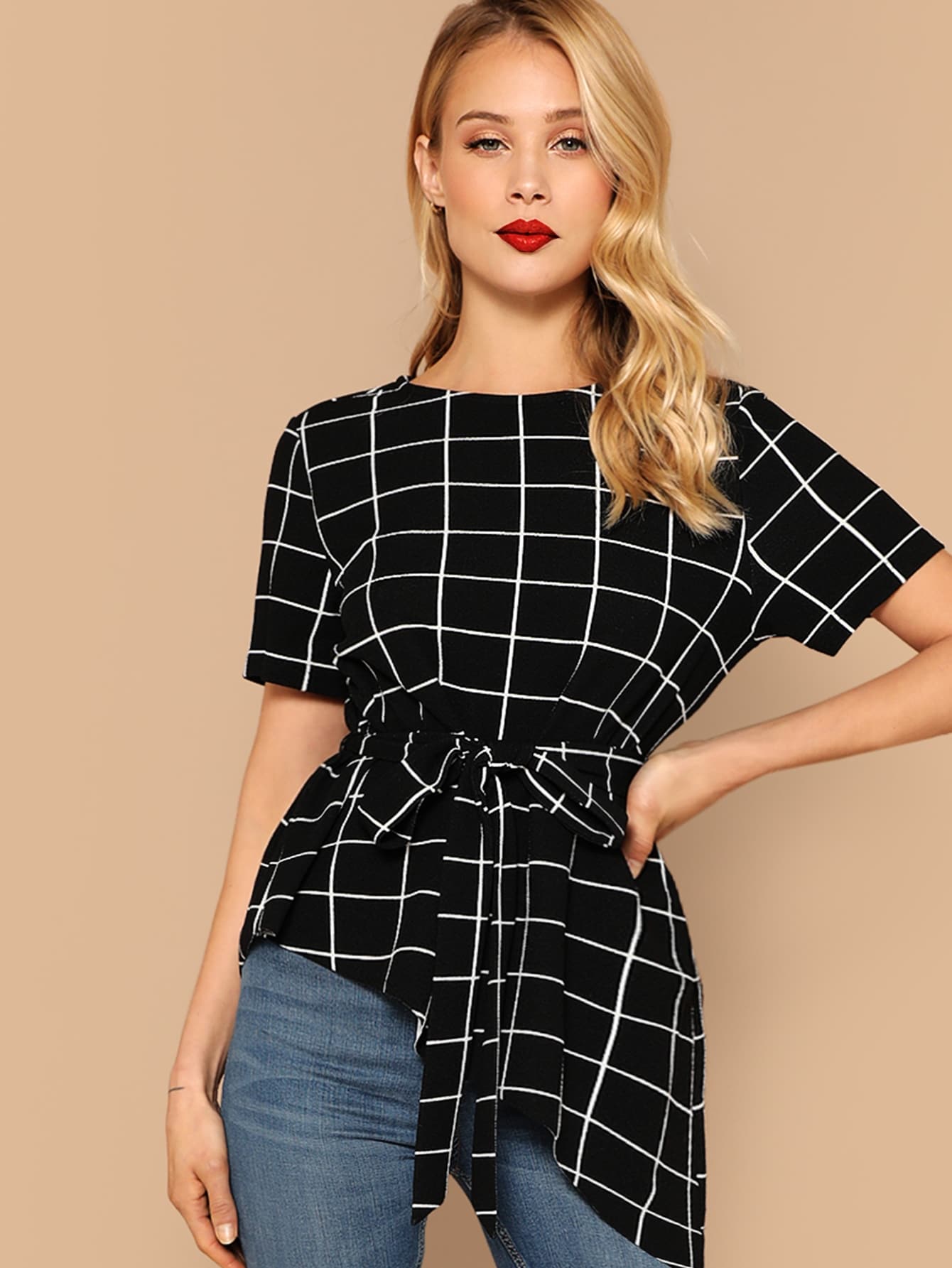 Asymmetrical Hem Belted Grid Top