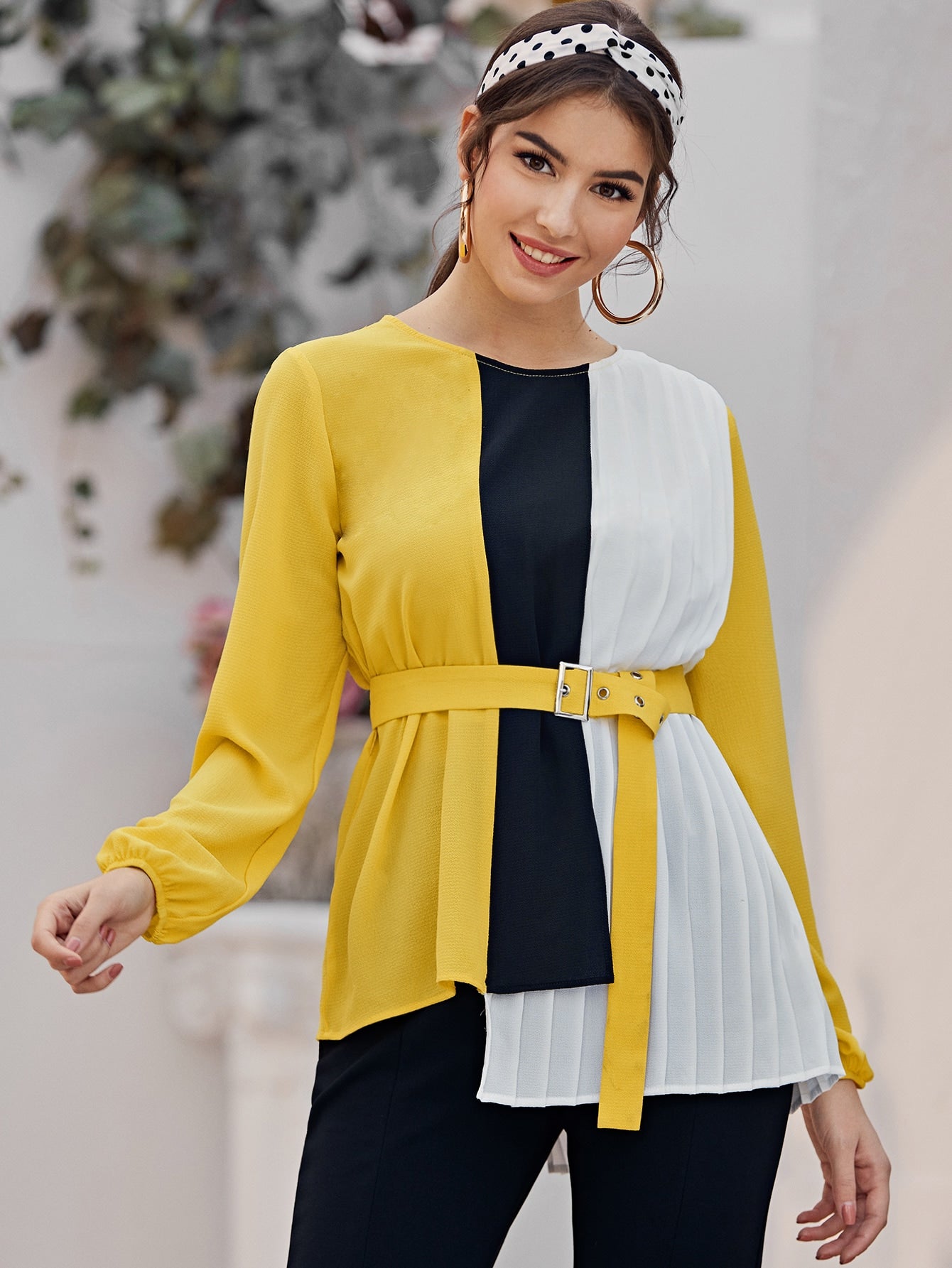 Asymmetrical Hem Pleated Detail Colorblock Belted Blouse