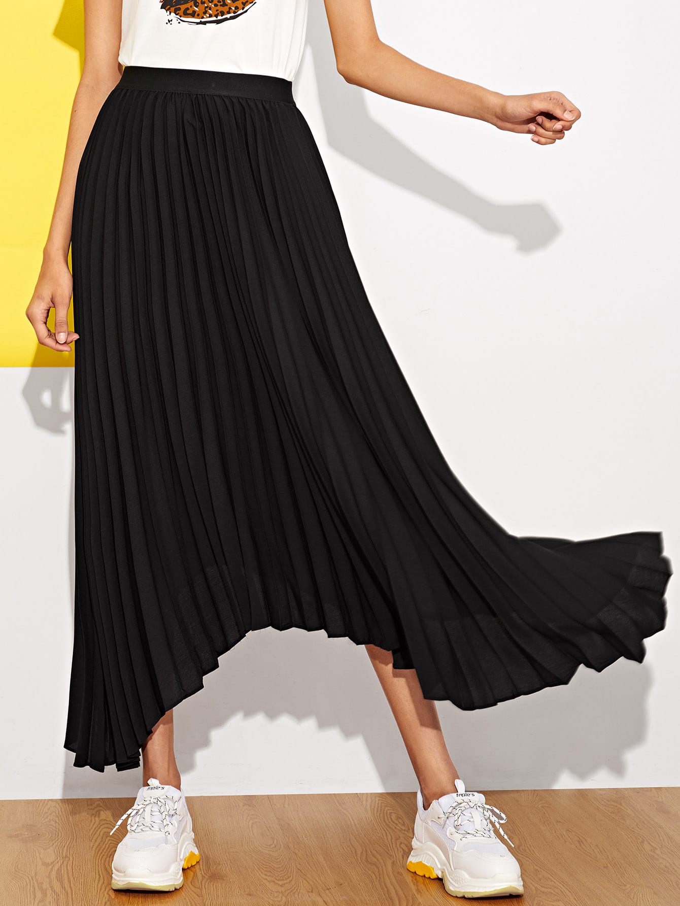 Asymmetrical Hem Pleated Skirt