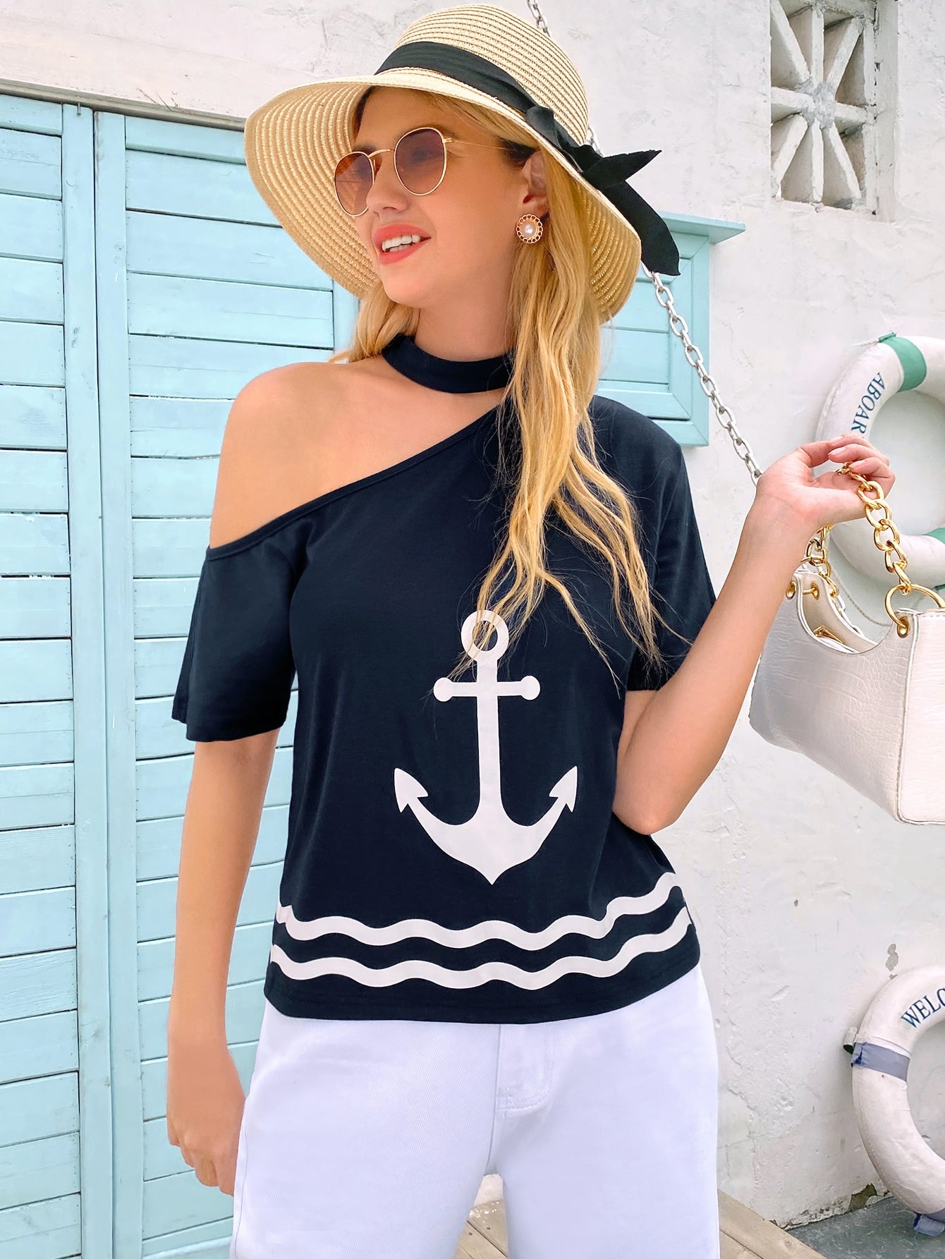 Asymmetrical Neck Anchor Print Tee