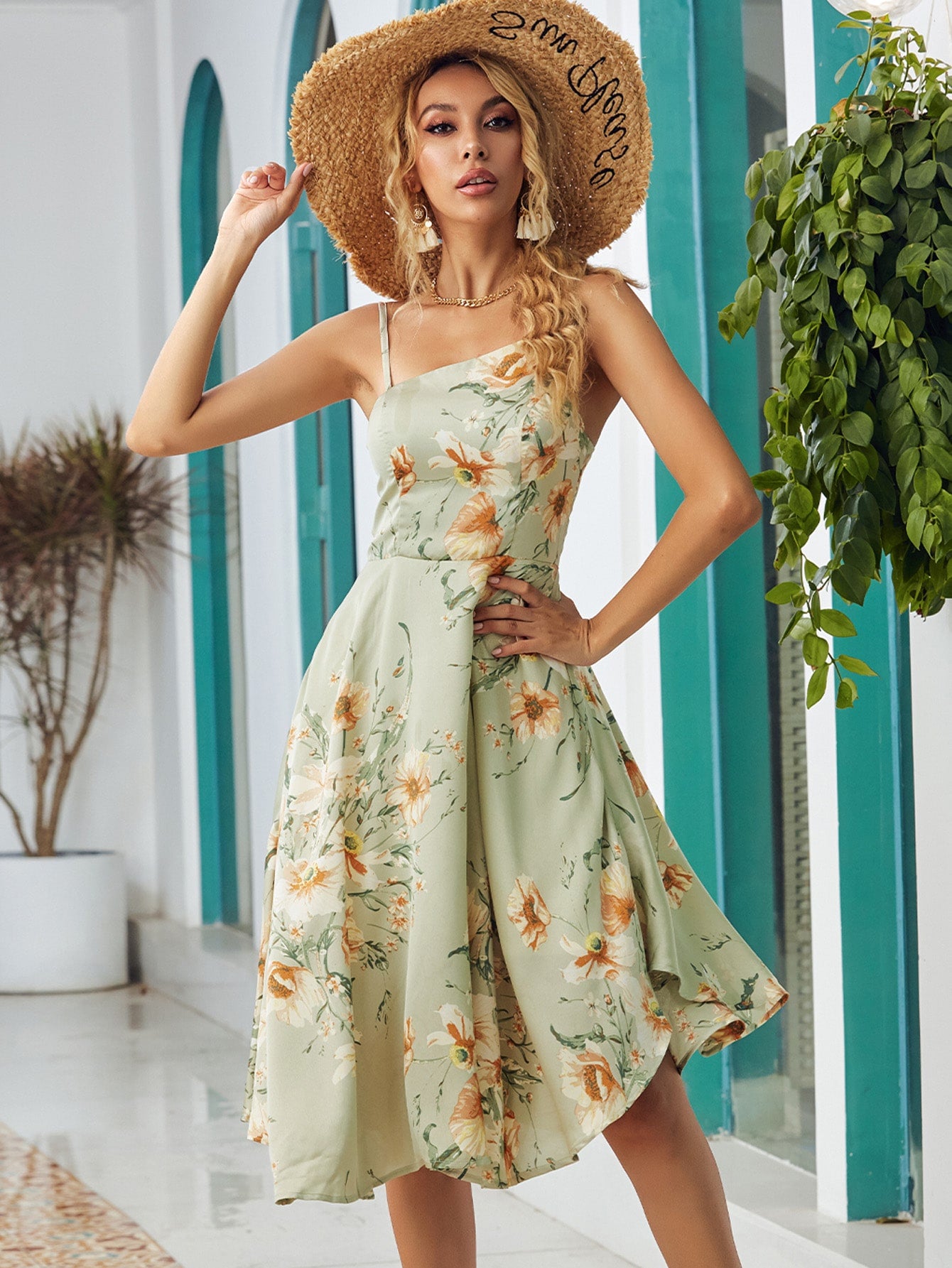 Asymmetrical Neck Floral Hanky Hem Sundress