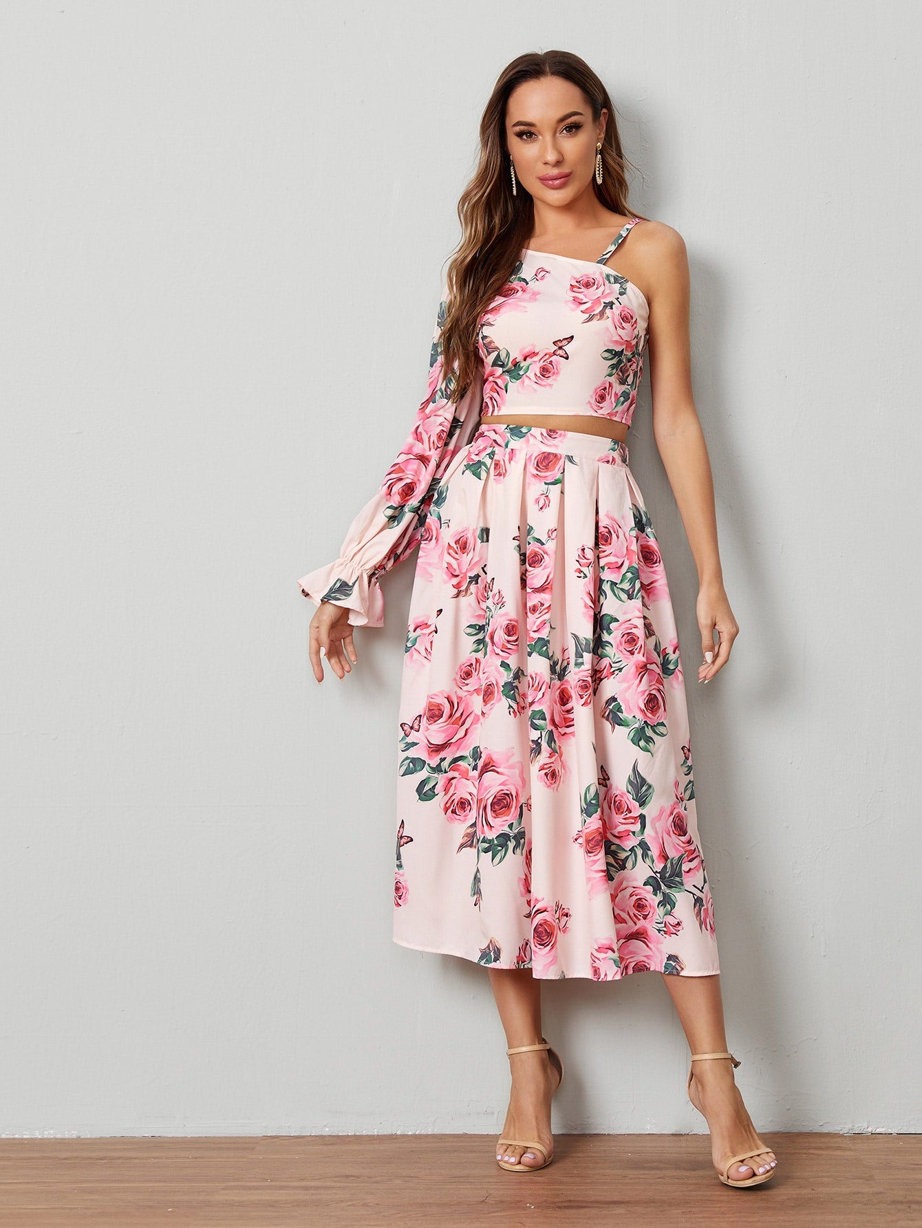 Asymmetrical Neck Flounce Sleeve Floral Top and Skirt Set