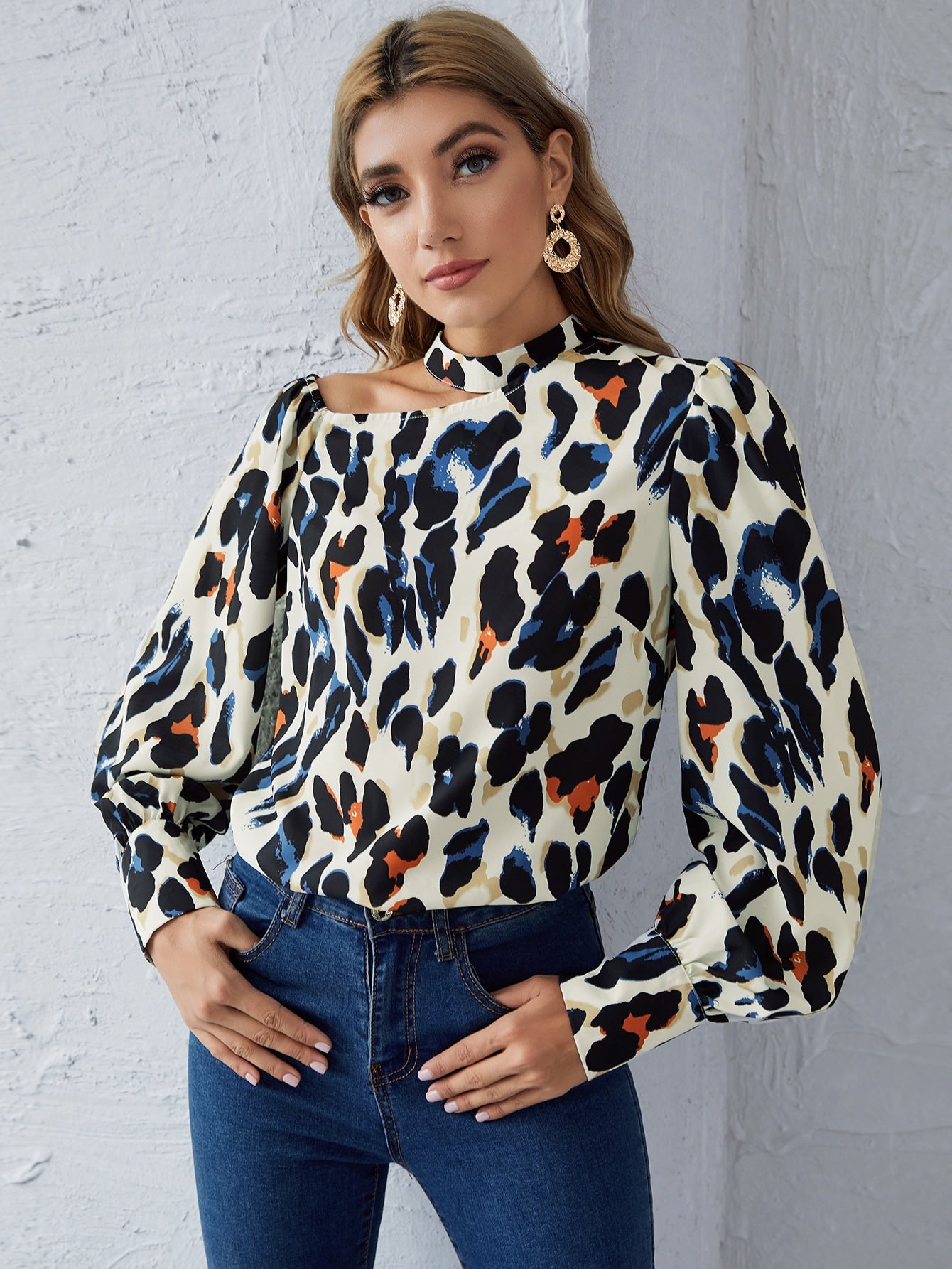 Asymmetrical Neck Lantern Sleeve Graphic Top