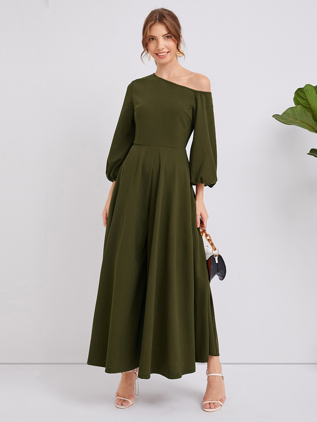 Asymmetrical Neck Lantern Sleeve Super Wide Leg Jumpsuit