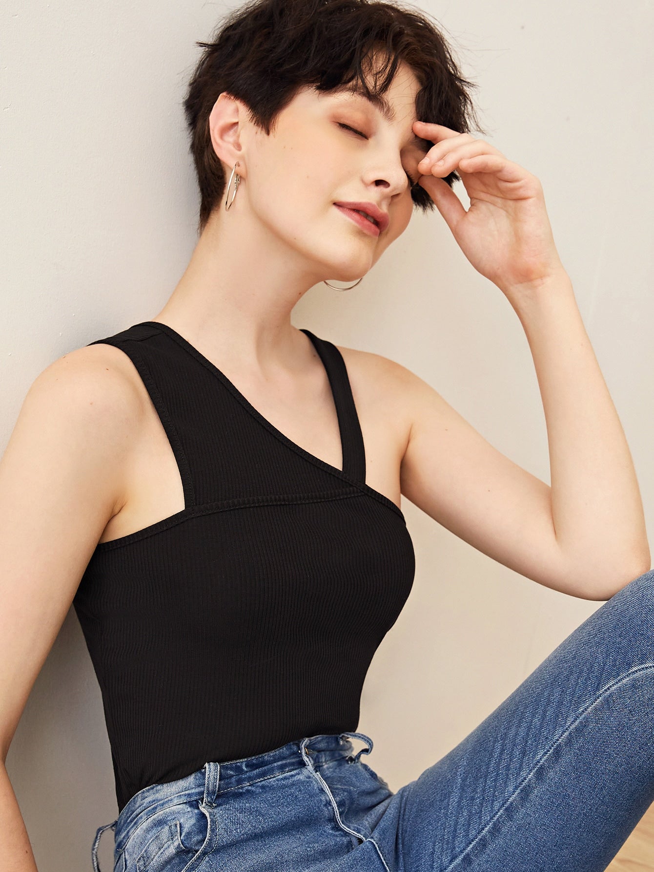 Asymmetrical Neck Rib-knit Solid Top