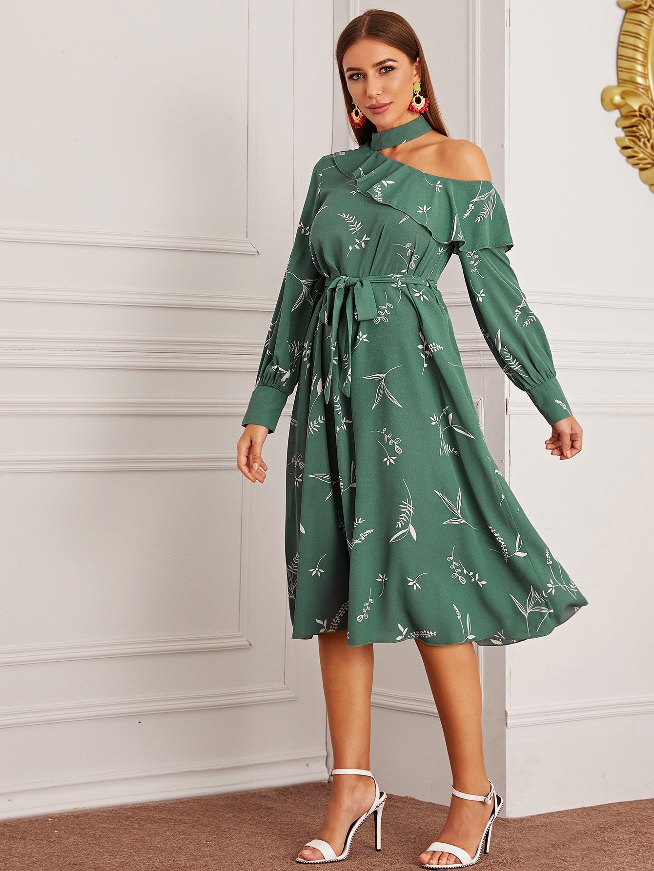 Asymmetrical Neck Ruffle Trim Self Tie Plants Print Dress