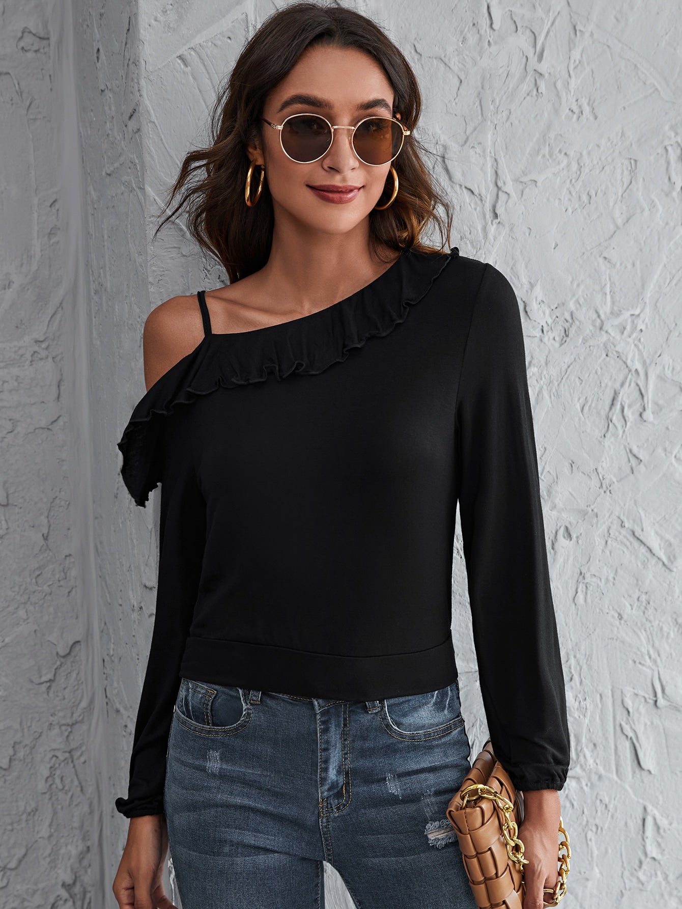 Asymmetrical Neck Ruffle Trim Tee