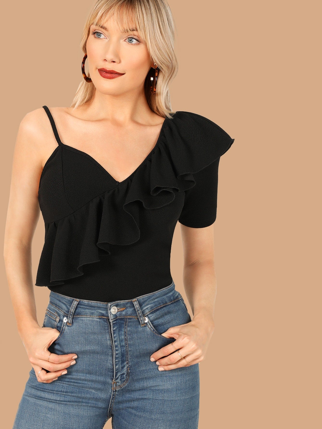 Asymmetrical Neck Ruffle Trim Top