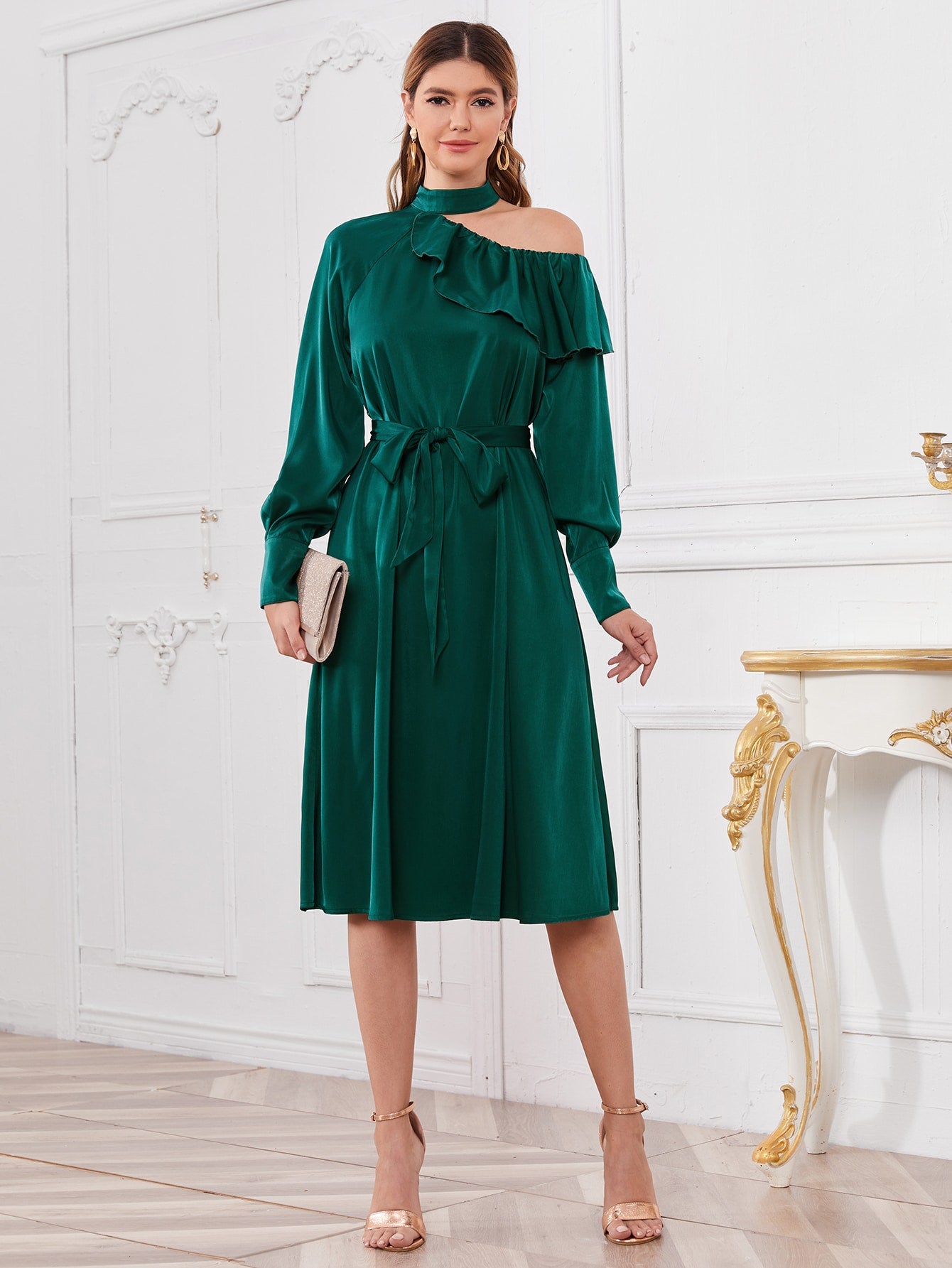 Asymmetrical Neck Self Belted Satin Dress