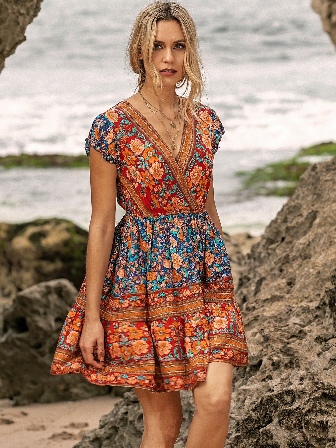 Aztec Floral Print V-neck Ruffle Hem Dress