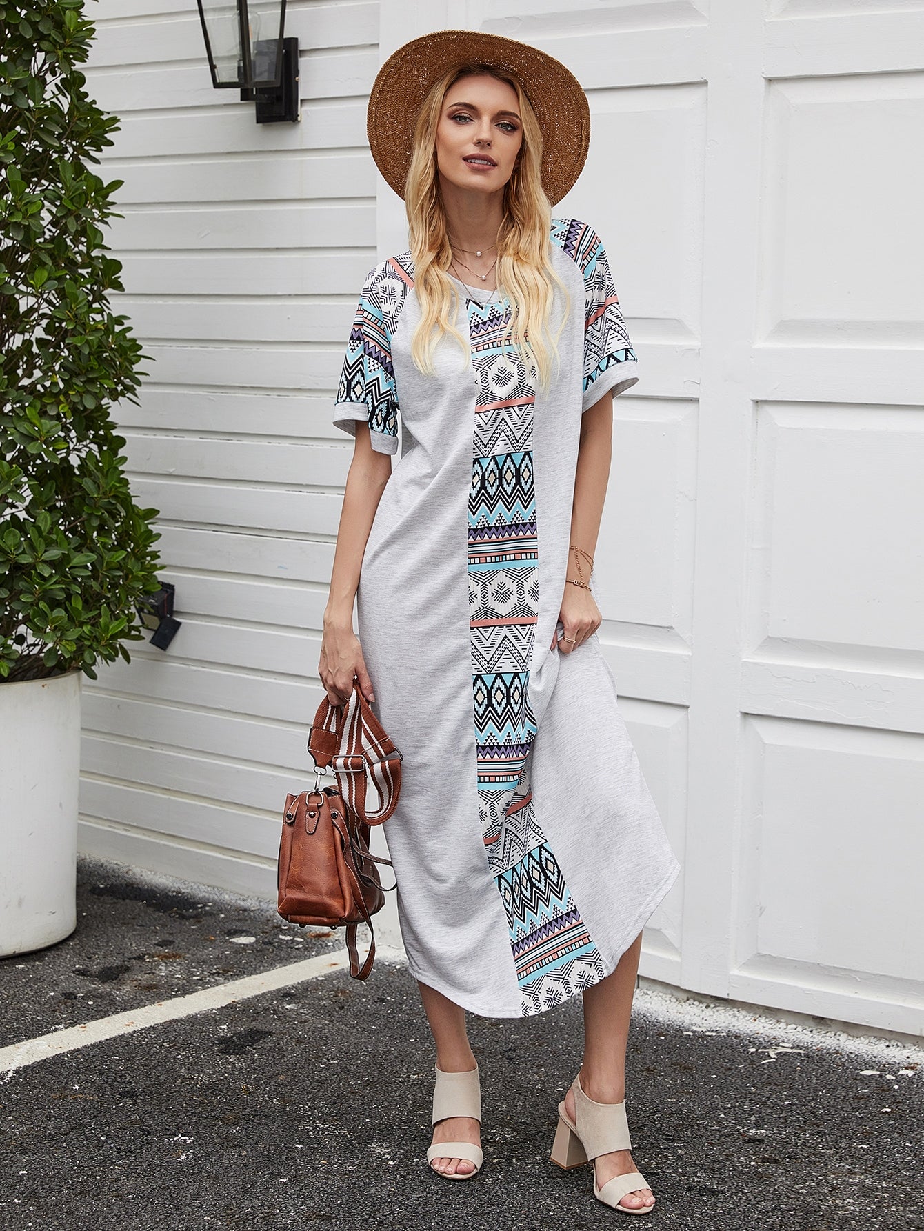 Aztec Panel Curved Hem Tee Dress