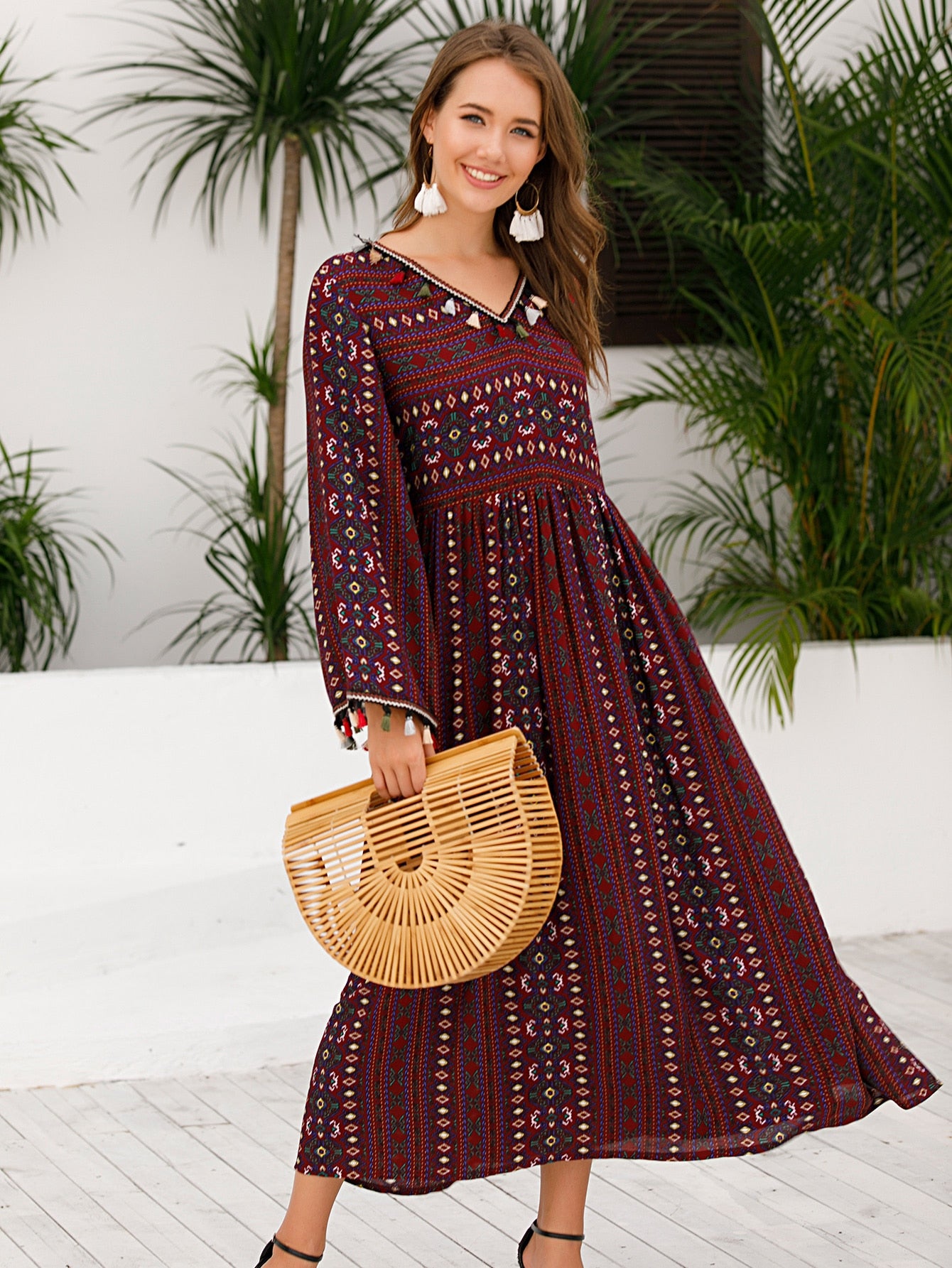 Aztec Print Fringe Smock Dress