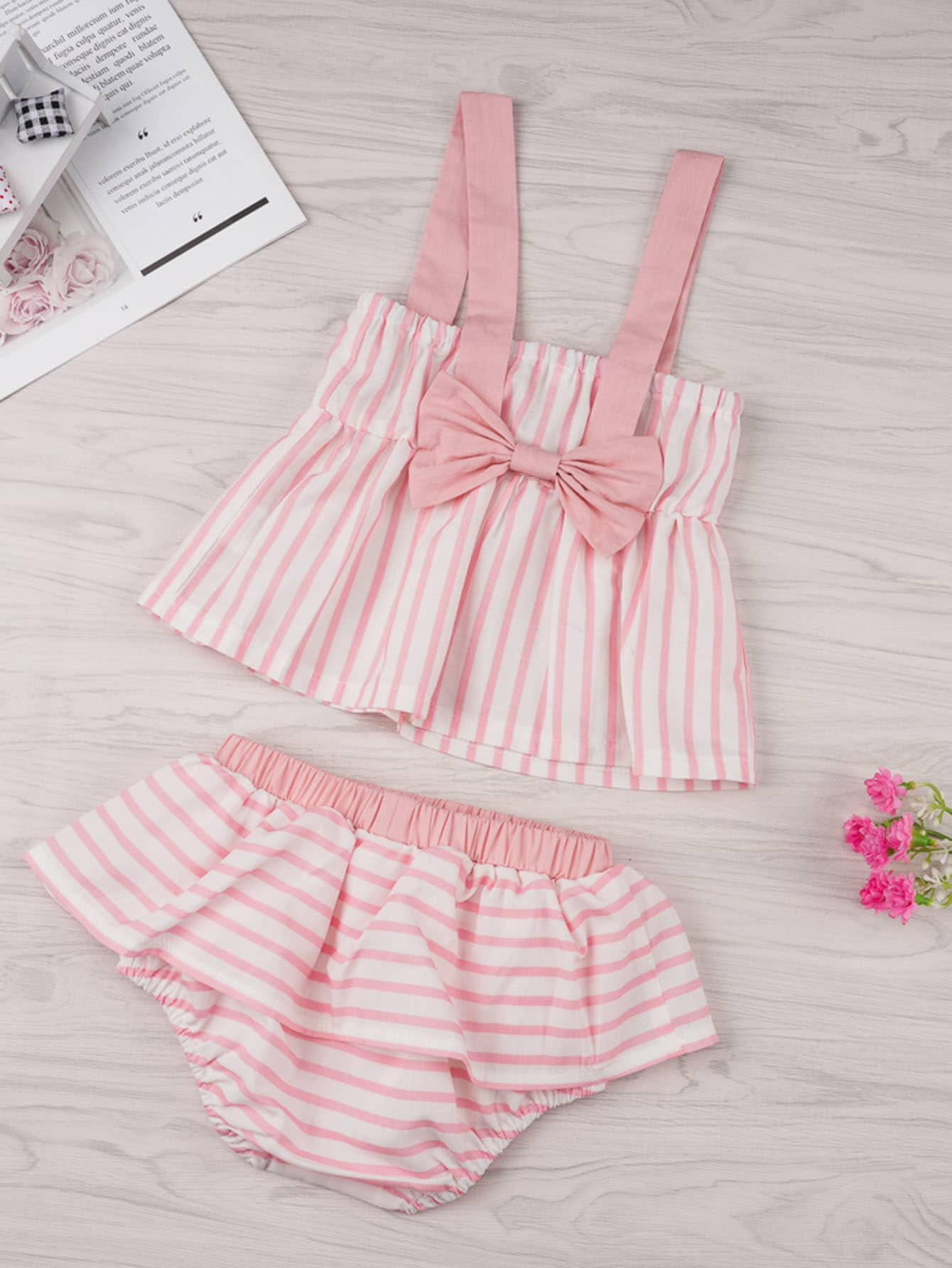 Baby Bow Striped Straps Blouse With Ruffle Shorts