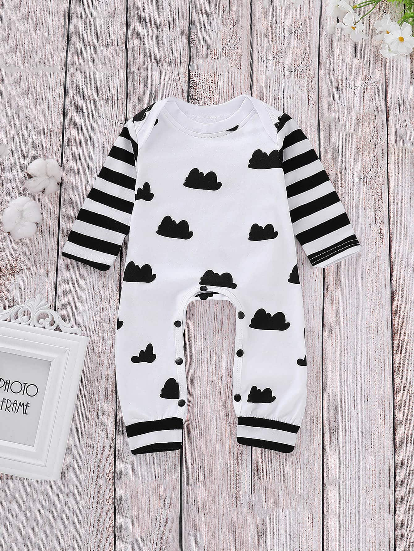 Baby Cloud & Stripe Print Button Jumpsuit