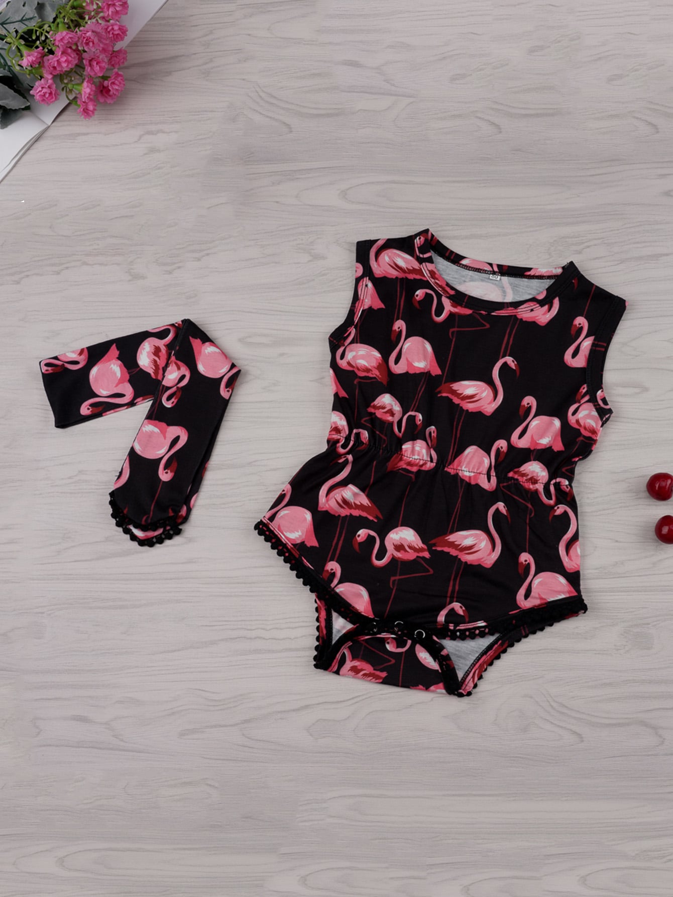 Baby Contrast Lace Flamingo Print Tank Romper With Headband