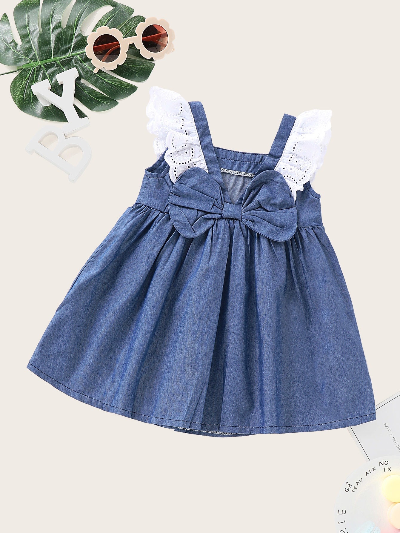 Baby Contrast Schffiy Bow Back A-line Denim Dress