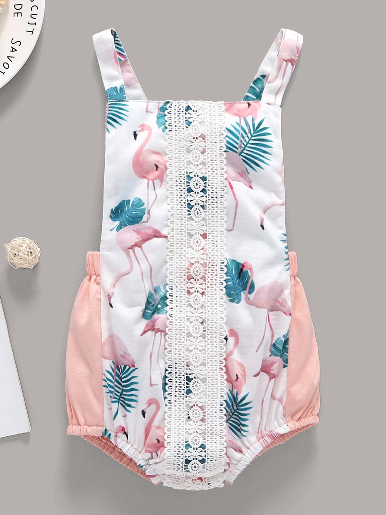 Baby Flamingo Print Contrast Lace Straps Romper