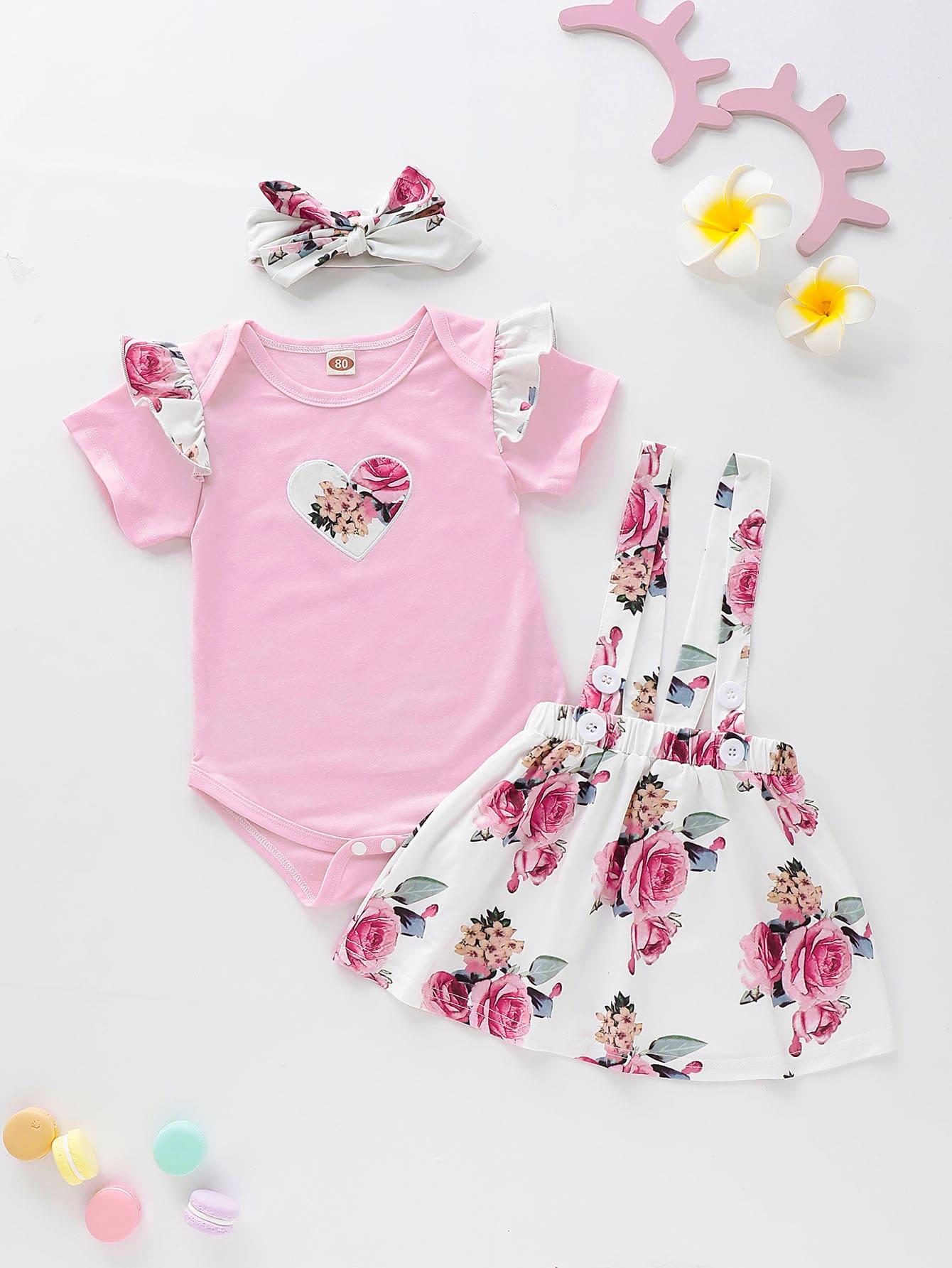 Baby Floral Print Ruffle Romper & Straps Skirt & Headband