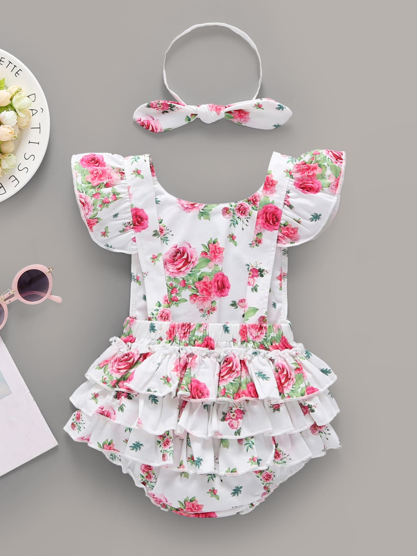 Baby Floral Print Tiered Layer Ruffle Romper With Headband