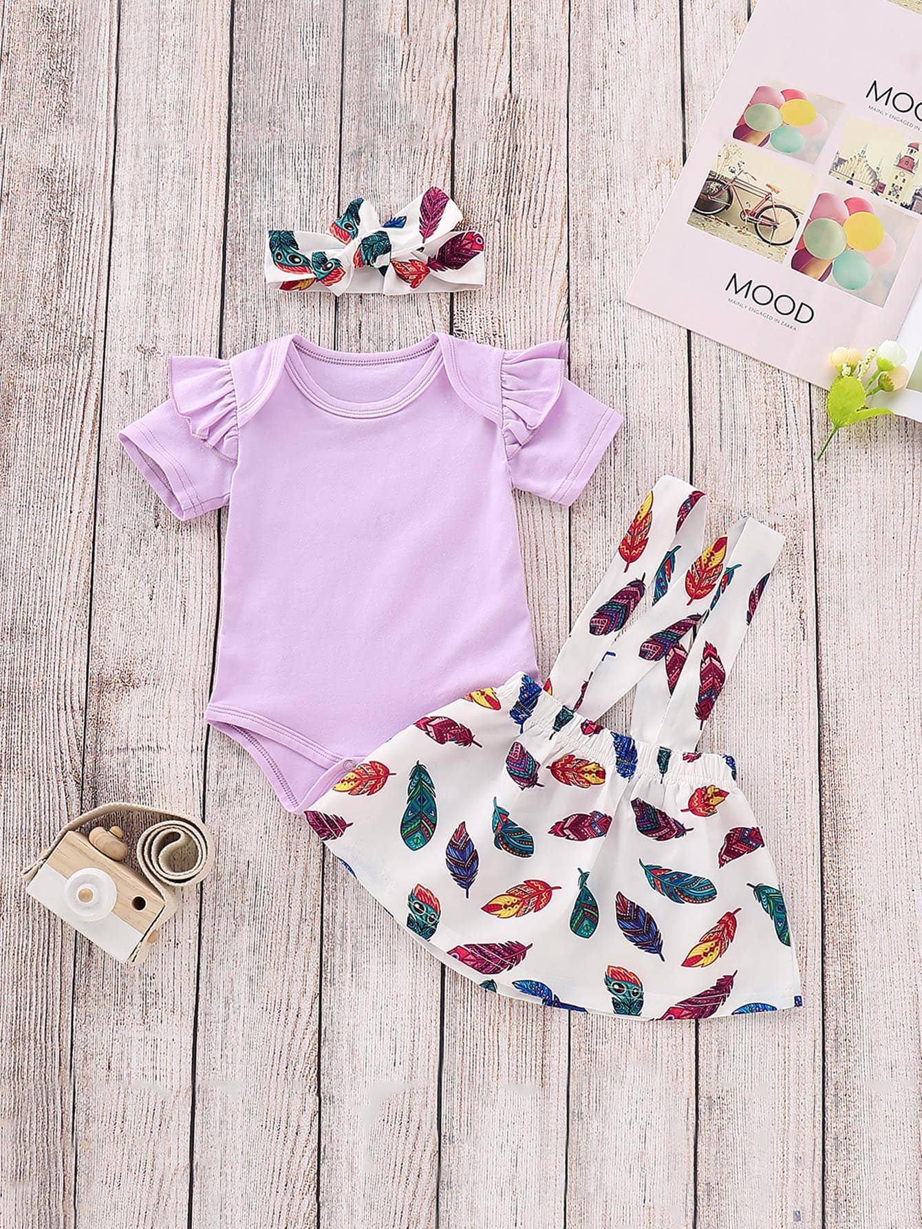 Baby Frill Romper & Feather Print Straps Skirt & Headband