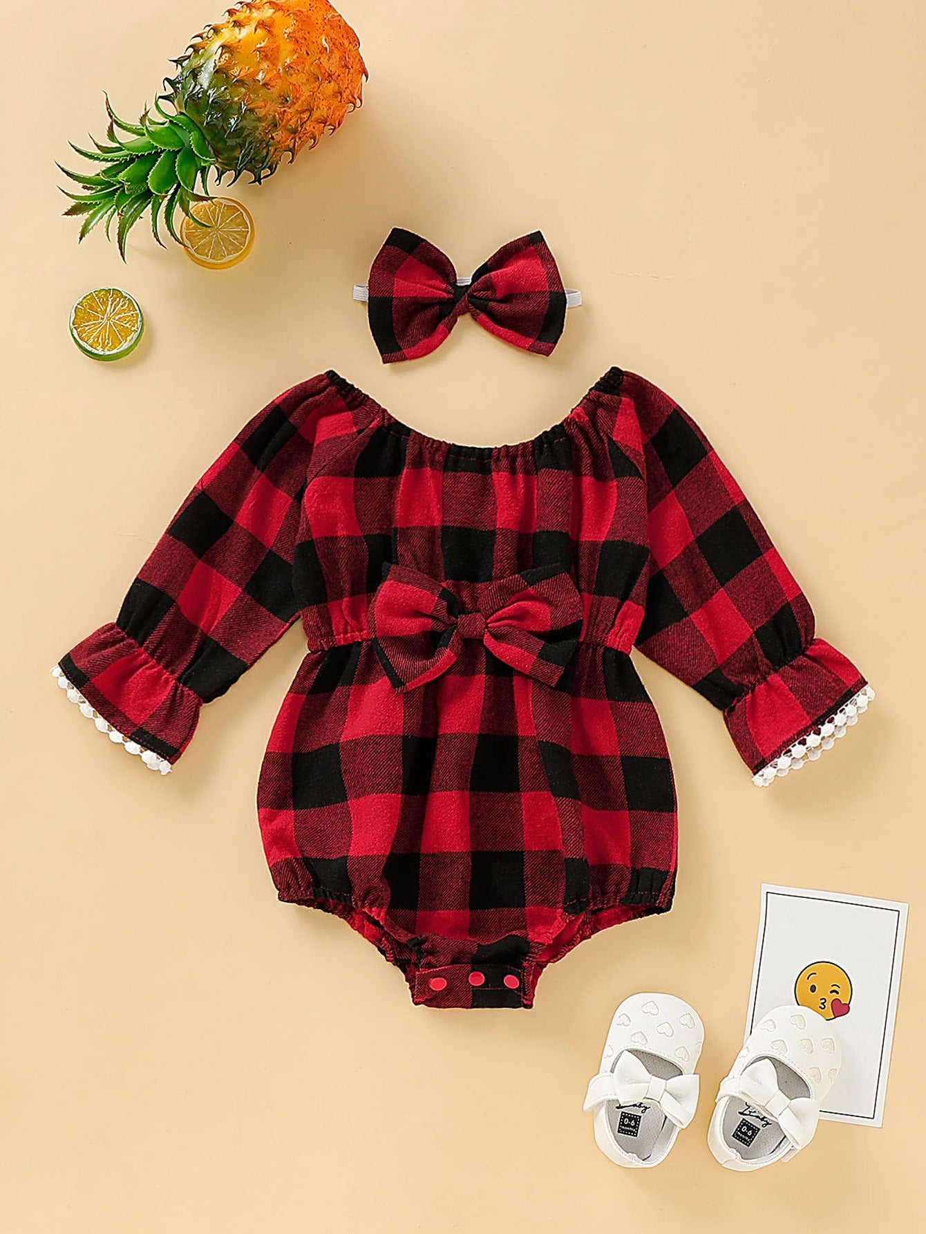 Baby Girl Bow Front Buffalo Plaid Romper With Headband