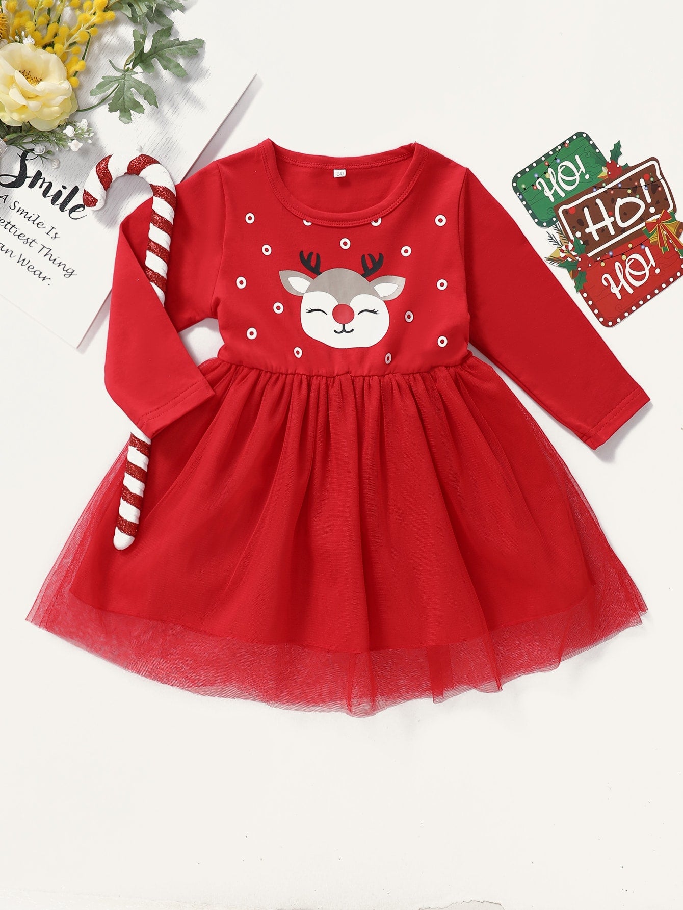 Baby Girl Christmas Contrast Mesh Babydoll Dress