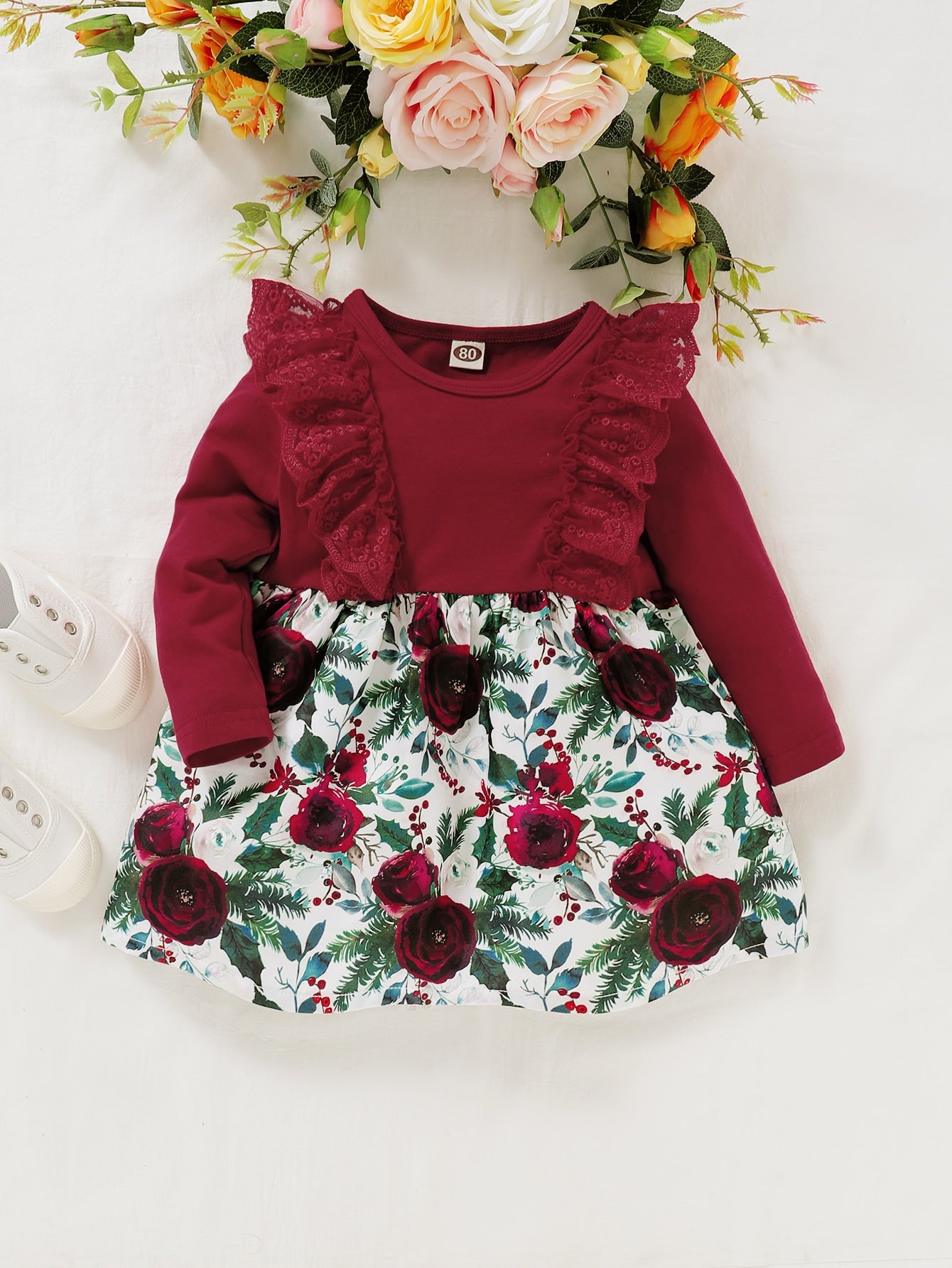 Baby Girl Contrast Lace Floral Print Smock Dress