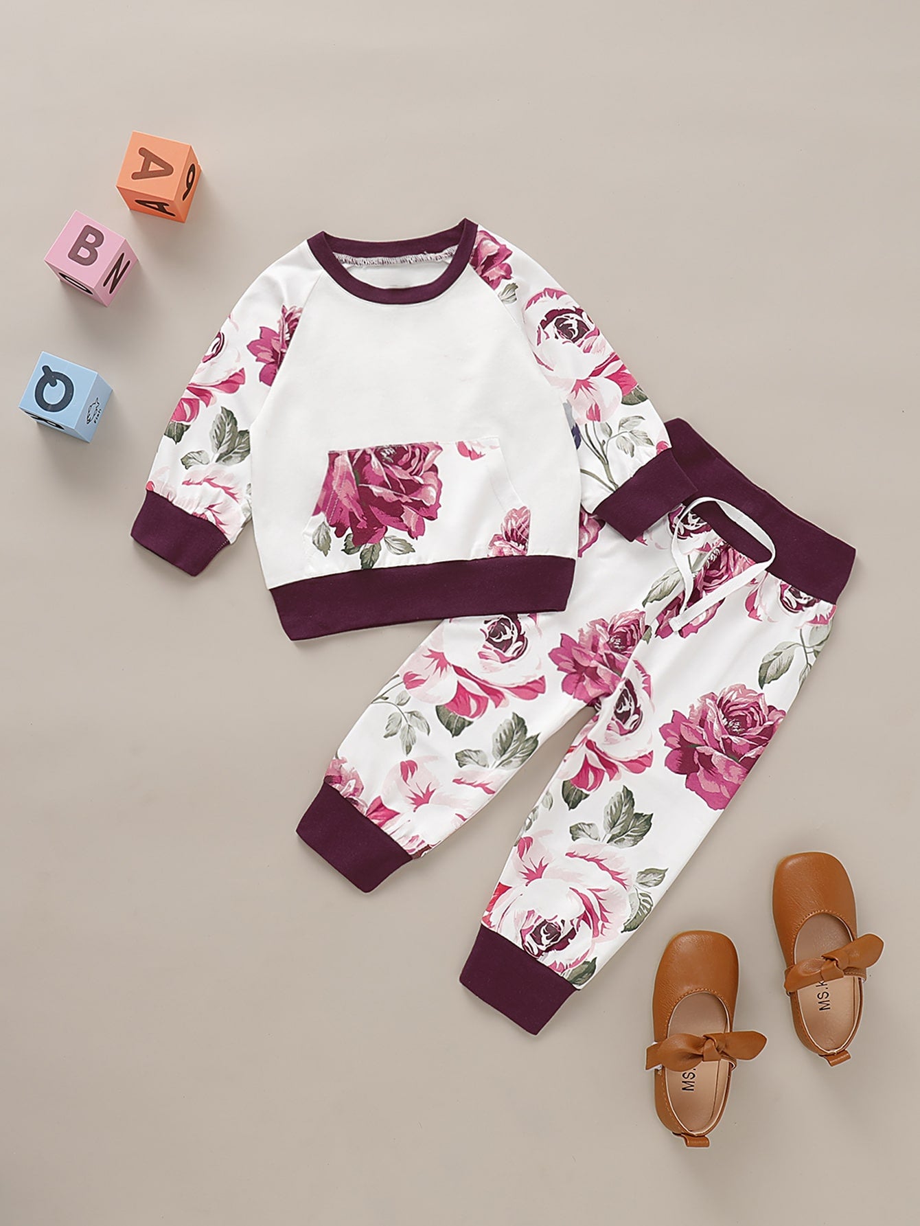 Baby Girl Contrast Panel Floral Sweatshirt With Pants