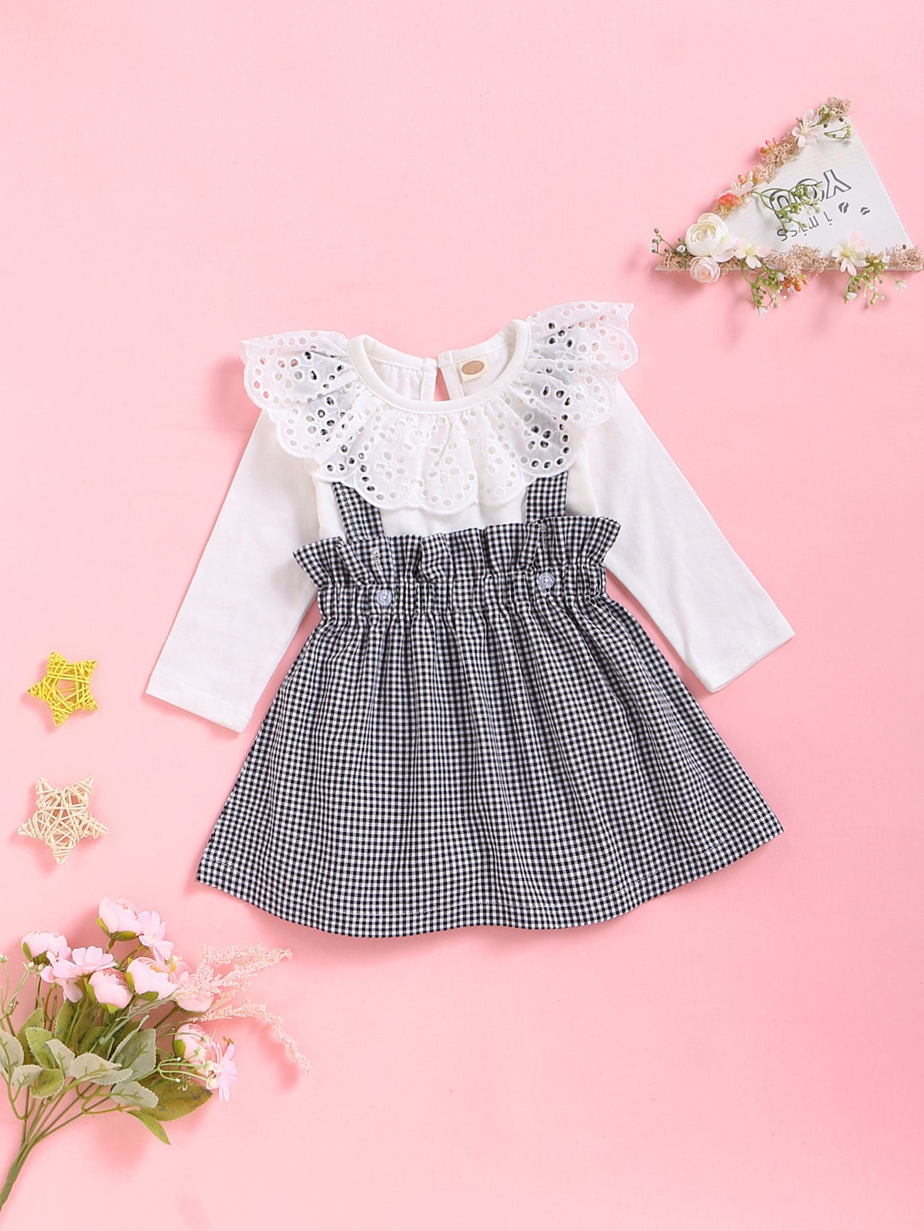 Baby Girl Eyelet Embroidery Ruffle Romper & Gingham Paperbag Skirt