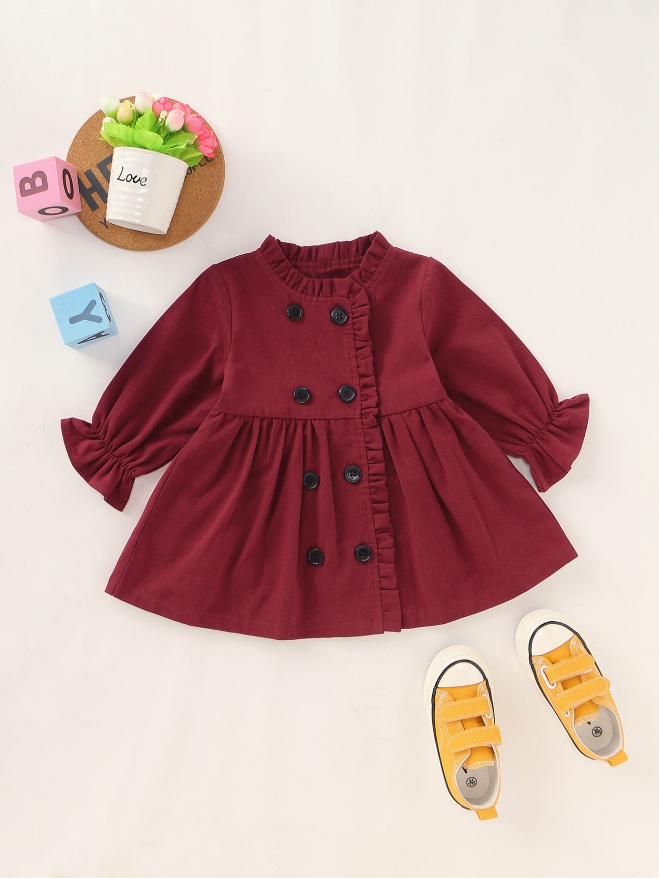 Baby Girl Frill Trim Double Breasted Skater Coat