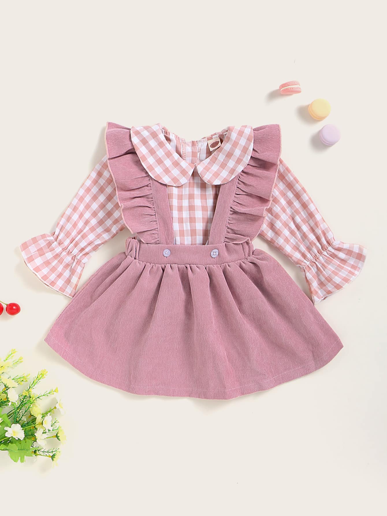 Baby Girl Gingham Blouse & Ruffle Trim Corduroy Suspender Skirt