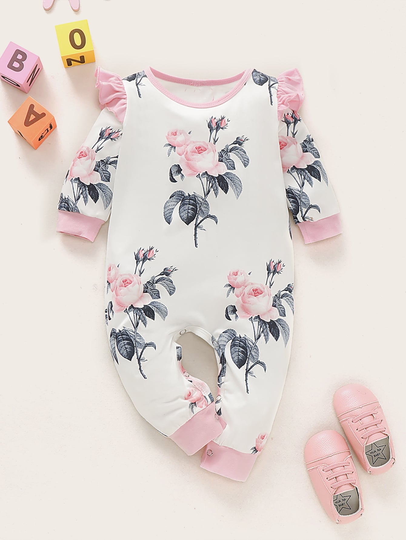 Baby Girl Large Floral Contrast Binding Ruffle Jumpsuit