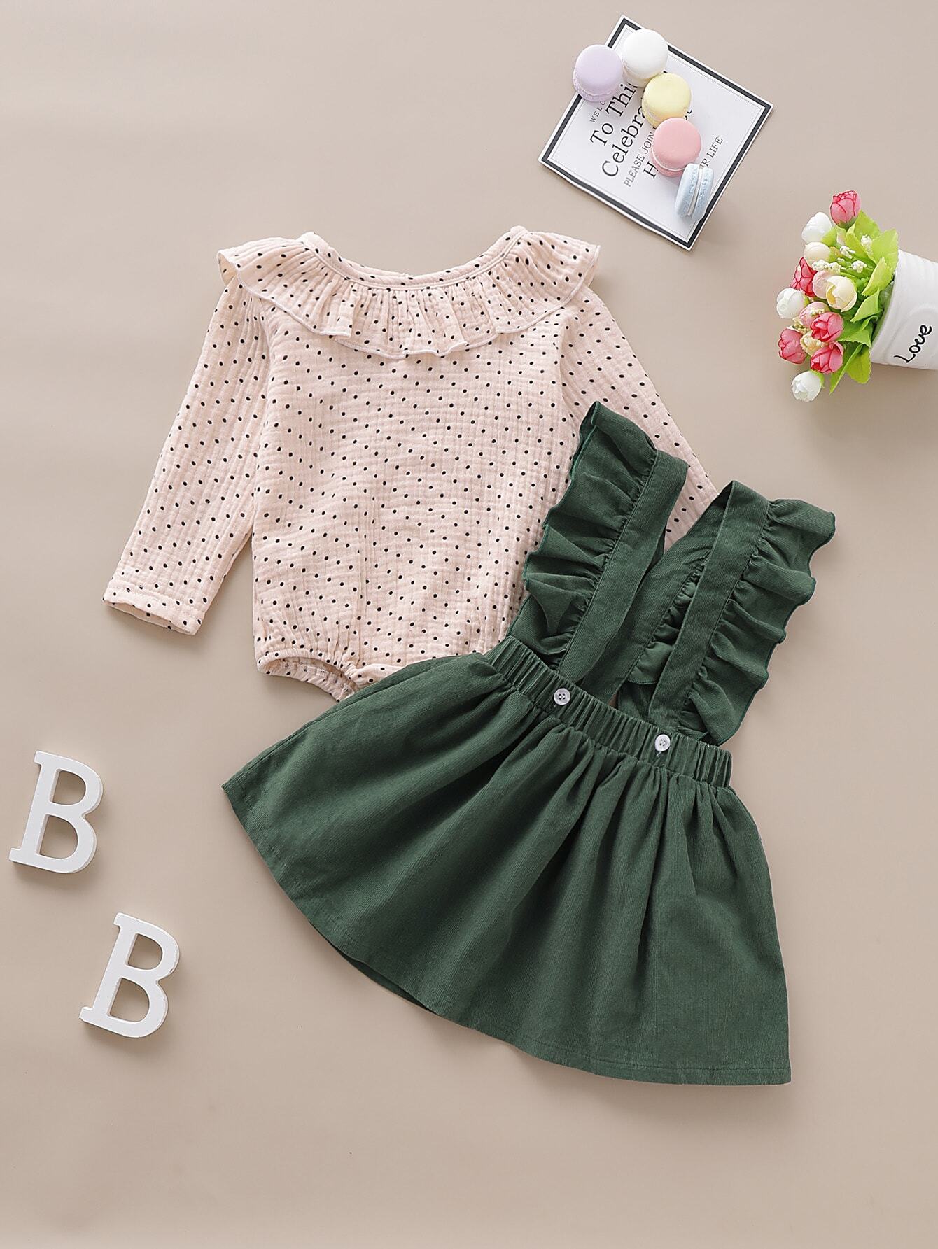 Baby Girl Polka Dot Ruffle Bodysuit & Pinafore Dress