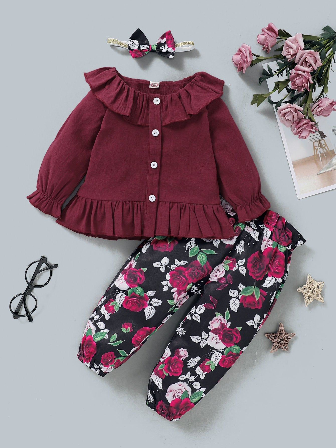 Baby Girl Ruffle Trim Blouse & Floral Print Pants & Headband