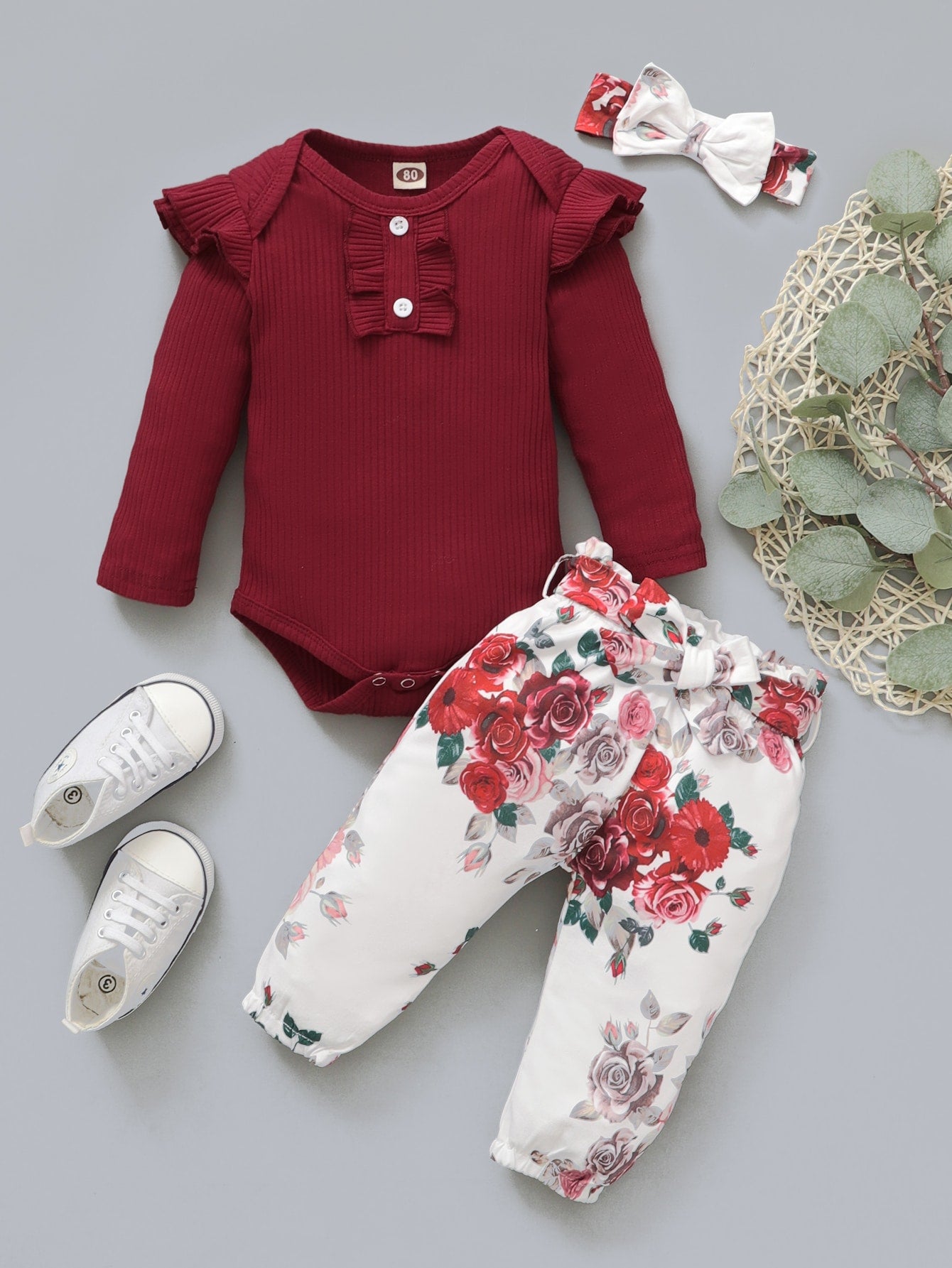 Baby Girl Ruffle Trim Bodysuit & Belted Paper Bag Waist Floral Pants & Headband