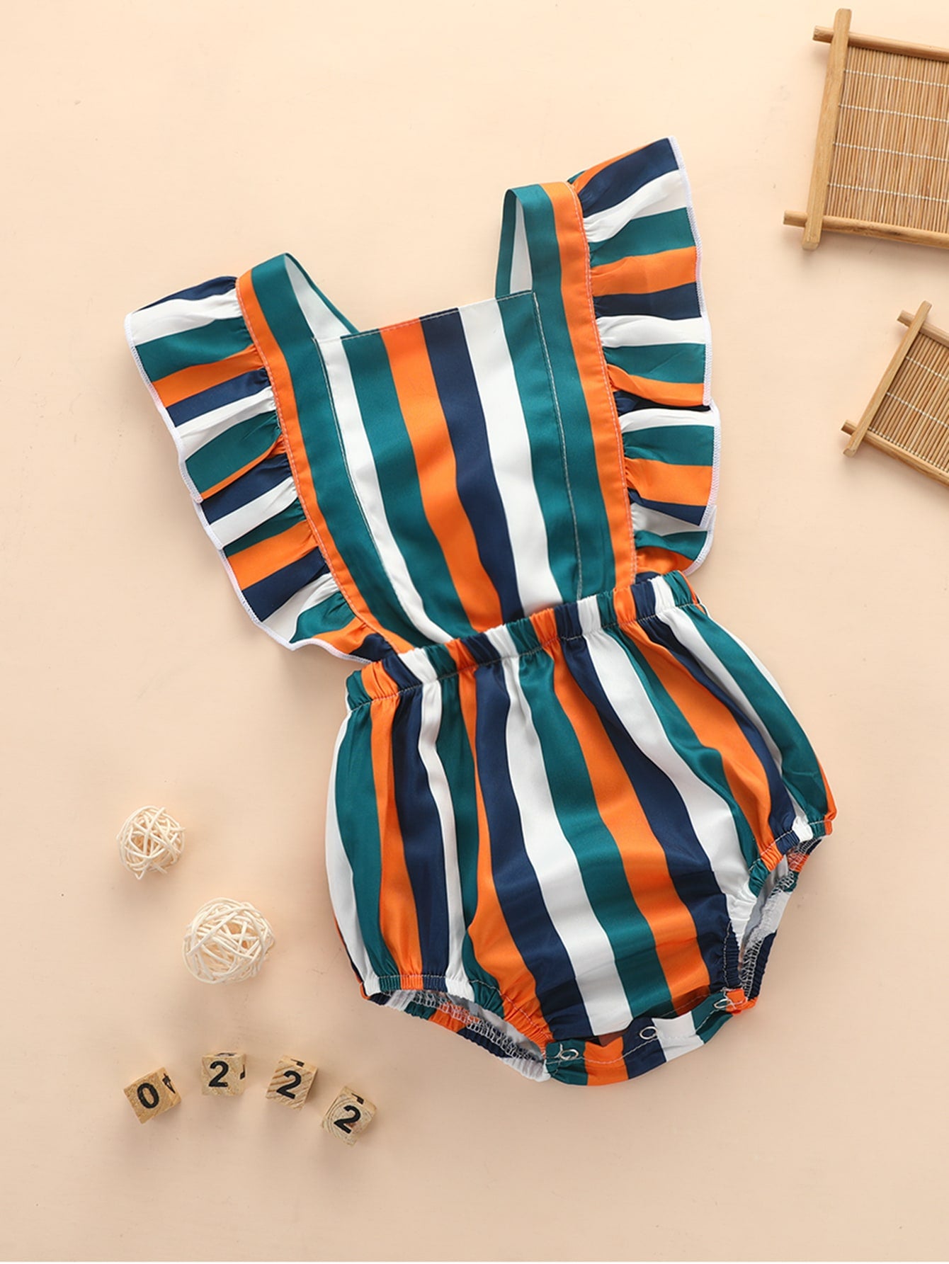 Baby Girl Striped Ruffle Trim Pinafore Bodysuit