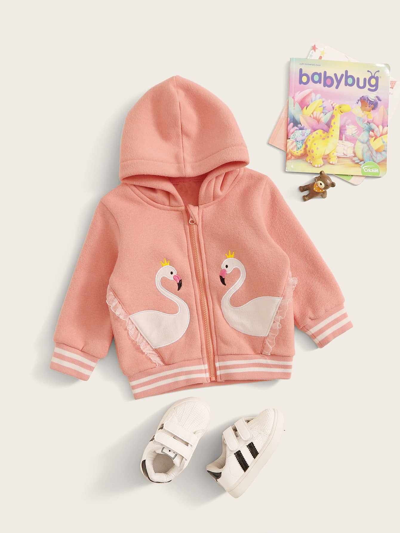 Baby Girl Swan Embroidery Frill Trim Hooded Jacket