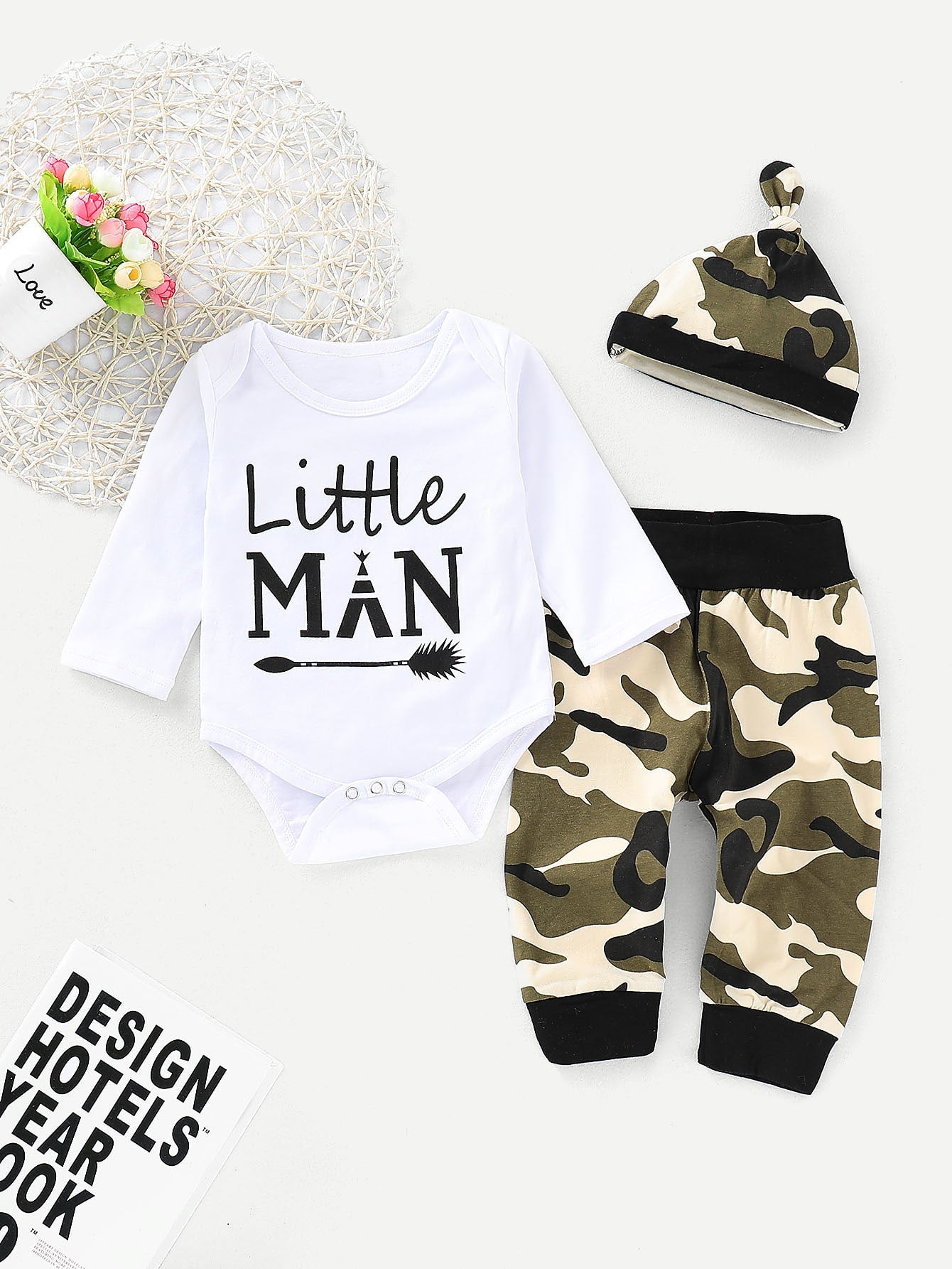 Baby Letter Print Jumpsuit & Camo Print Pants & Hat