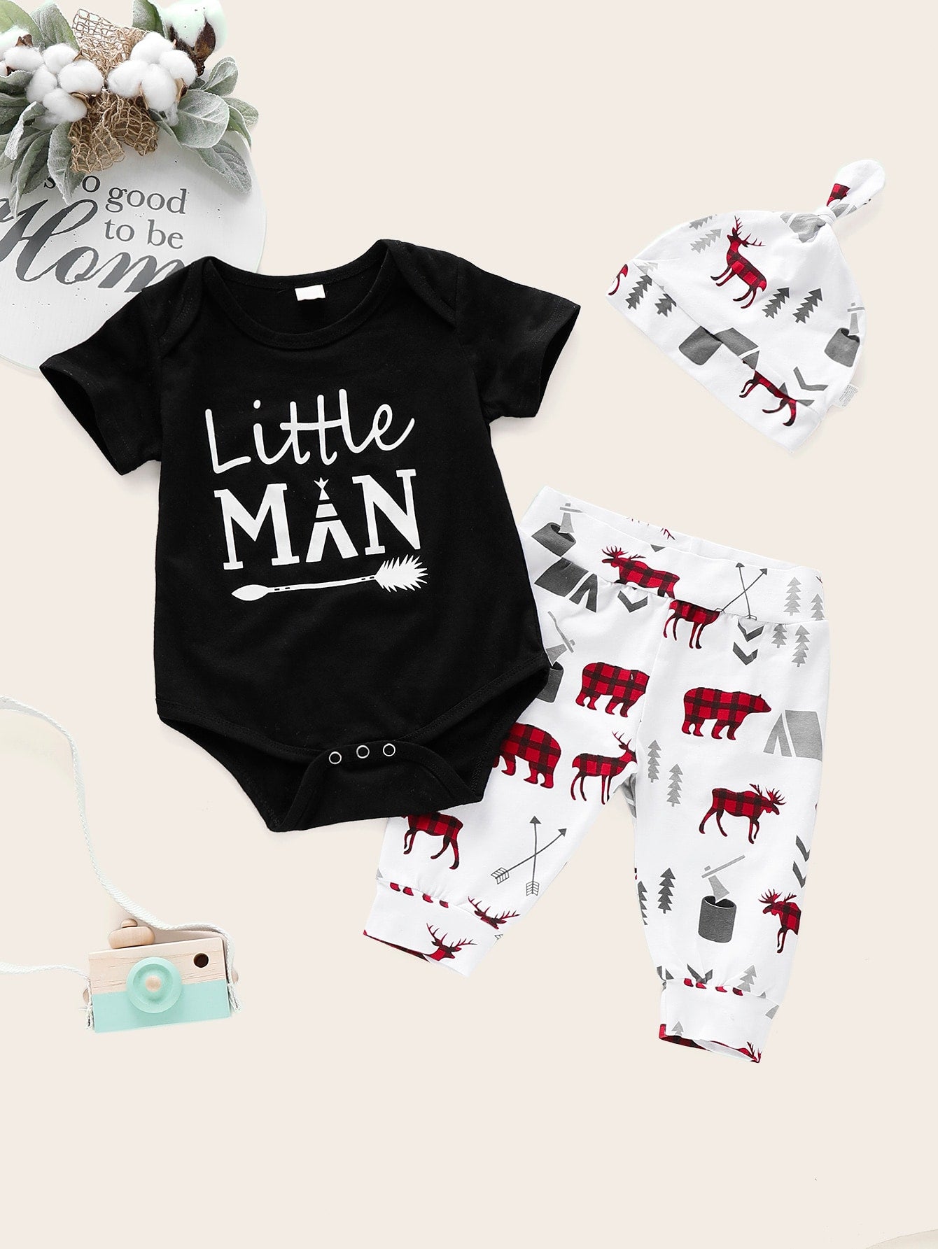 Baby Letter Print Romper & Animal Print Pants & Hat