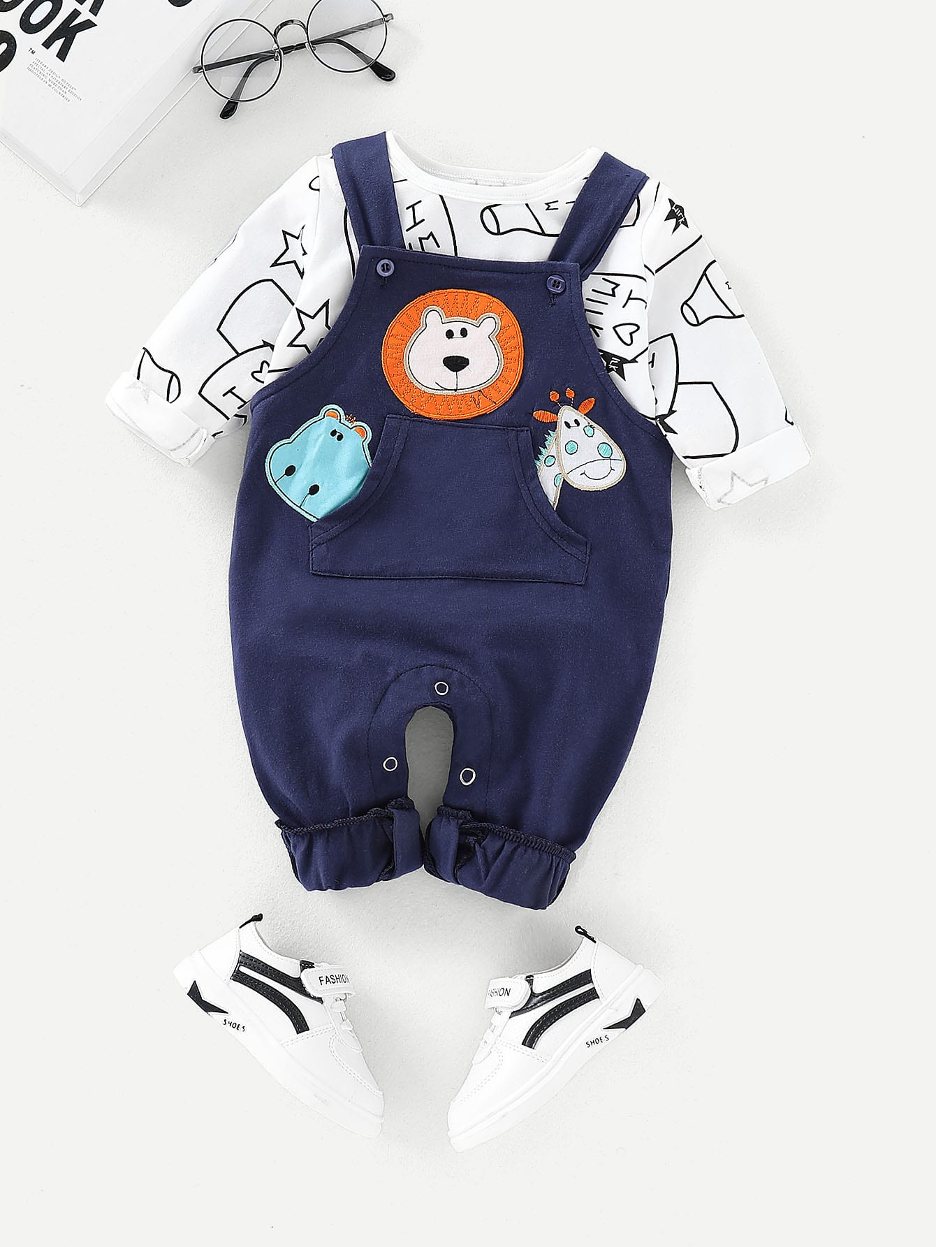 Baby Letter Print Tee With Cartoon Embroidery Overalls