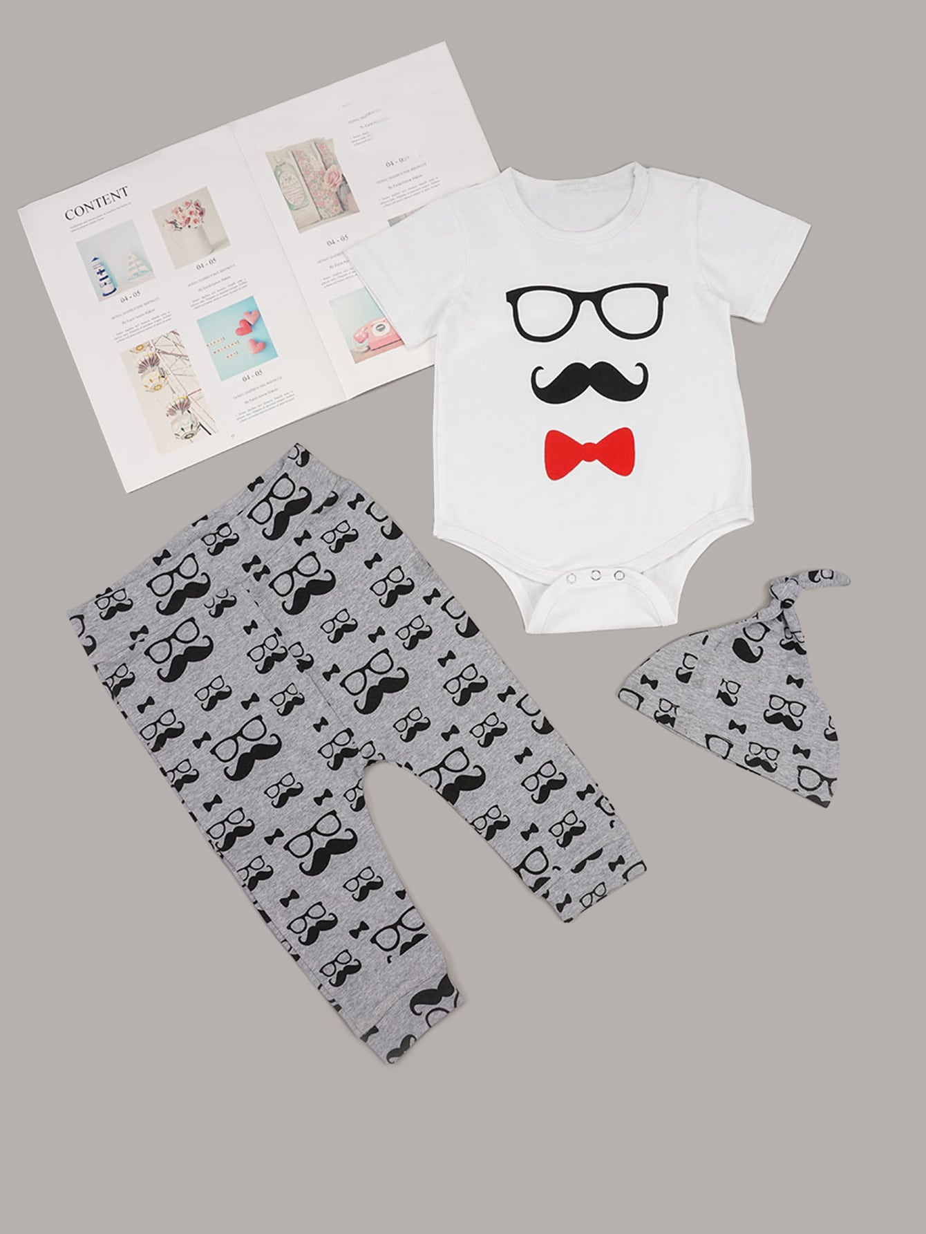 Baby Mustache And Bow Print Romper & Pants & Hat