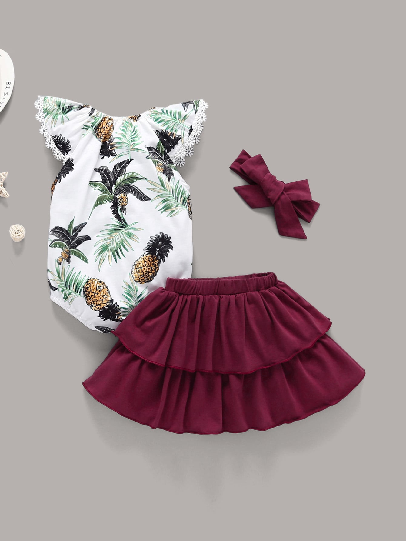 Baby Pineapple Print Romper & Layered Skirt & Headband