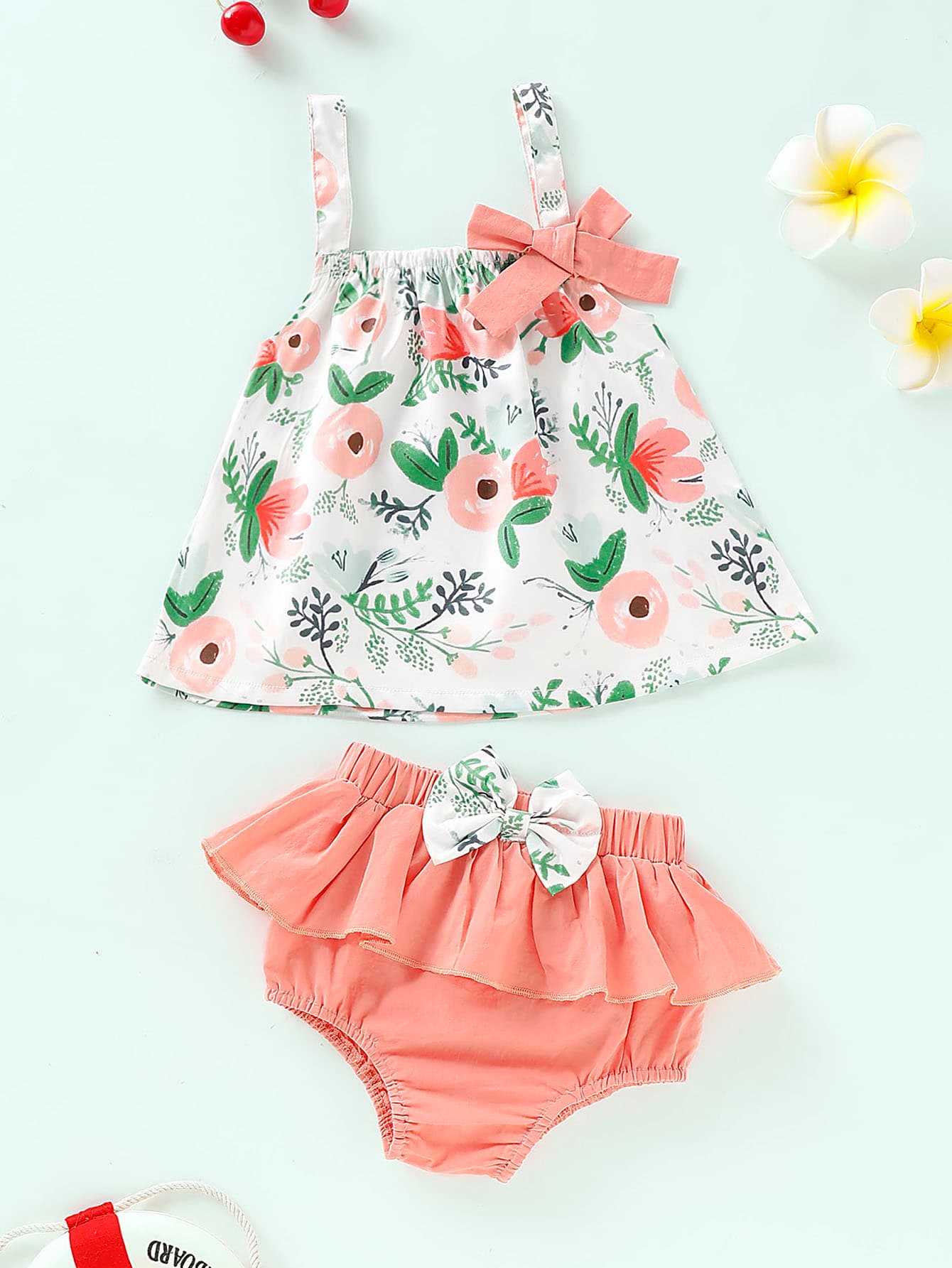 Baby Plants Print Bow Cami Top With Ruffle Shorts