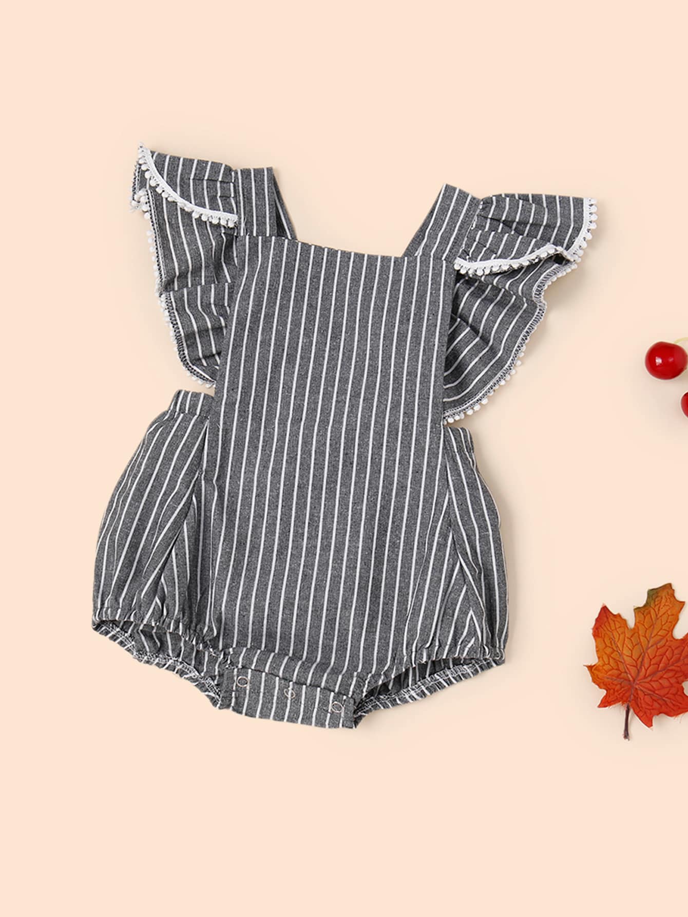 Baby Pom Pom Trim Ruffle Striped Romper