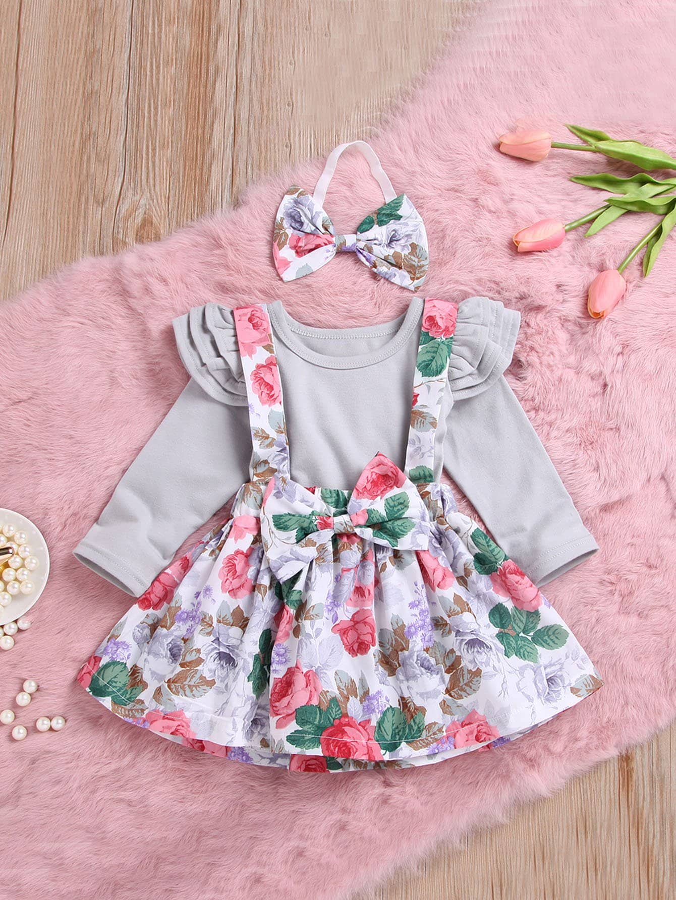 Baby Ruffle Trim Top & Floral Print Pinafore Skirt & Headband