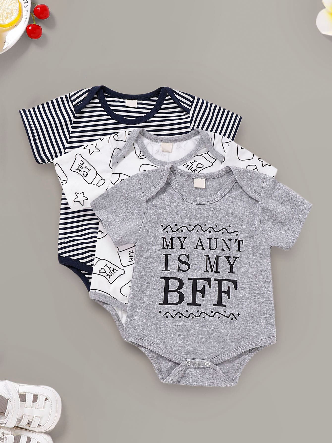 Baby Slogan Print Romper & Bottle Print Romper & Striped Romper 3pcs