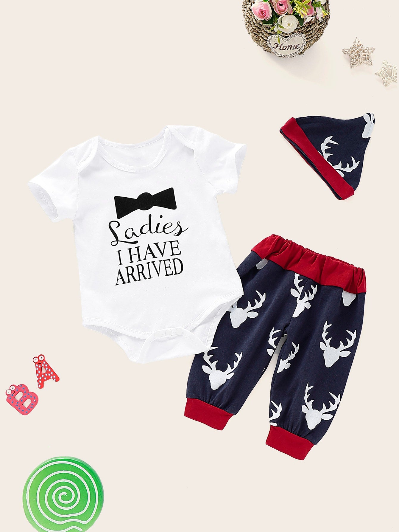 Baby Slogan Print Romper & Deer Print Pants & Hat