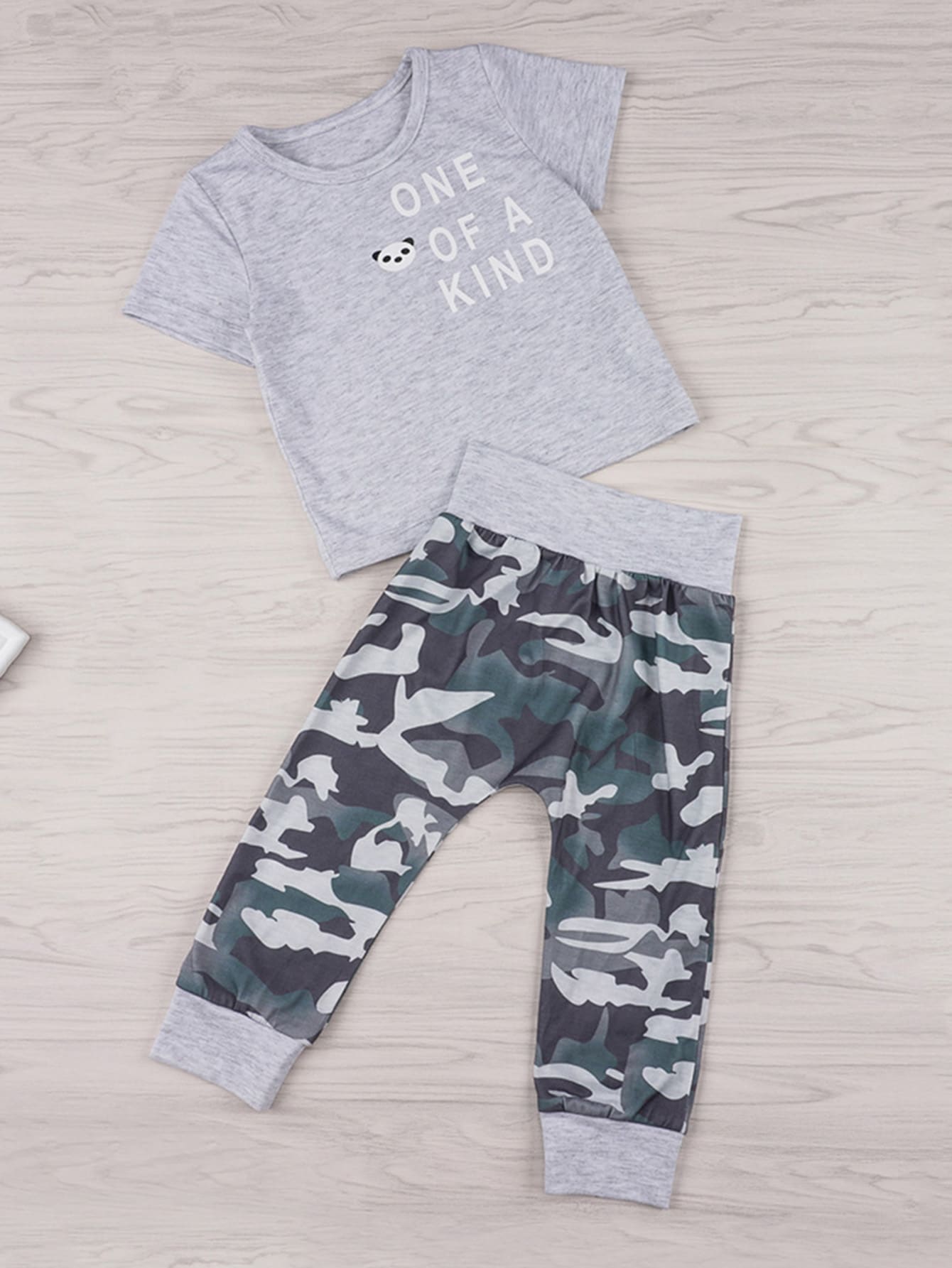 Baby Slogan Print Tee With Camo Pants